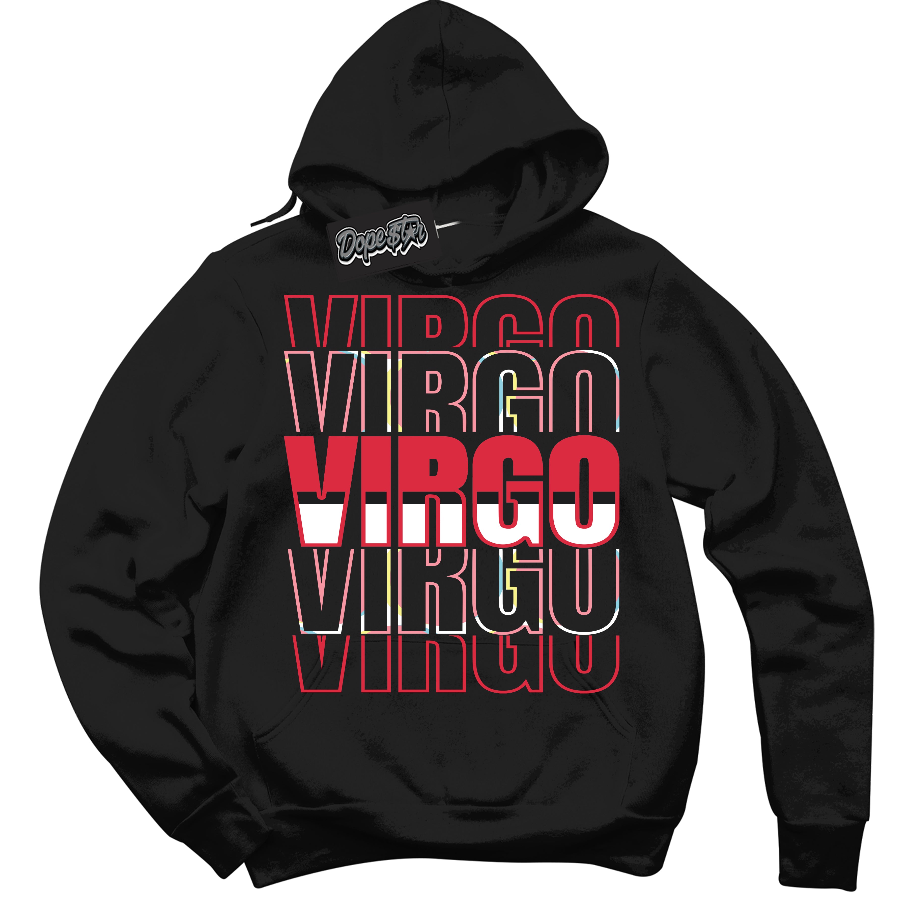 Cool Black Graphic DopeStar Hoodie with “ Virgo “ print, that perfectly matches Spider-Verse 1s sneakers