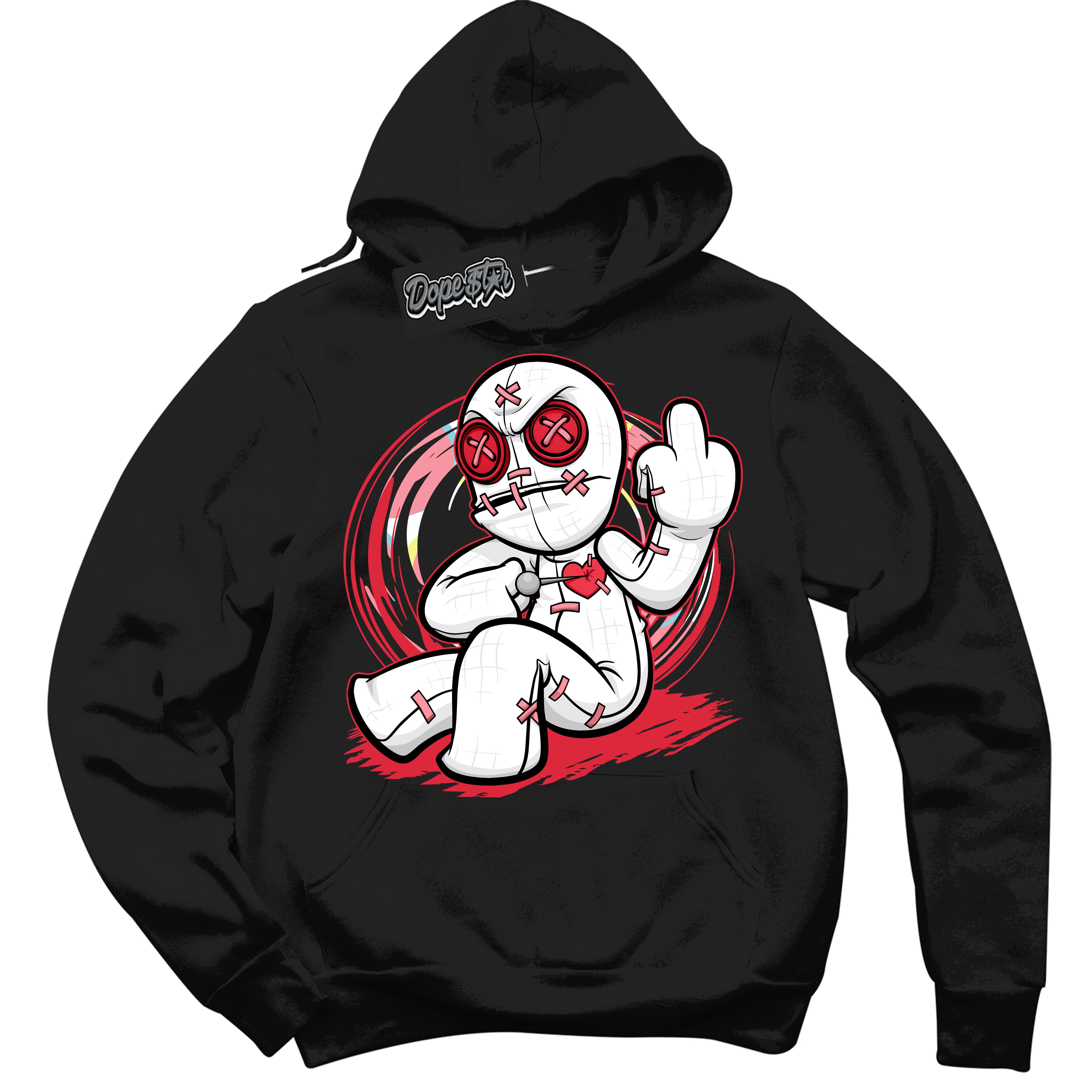 Cool Black Graphic DopeStar Hoodie with “ VooDoo Doll “ print, that perfectly matches Spider-Verse 1s sneakers