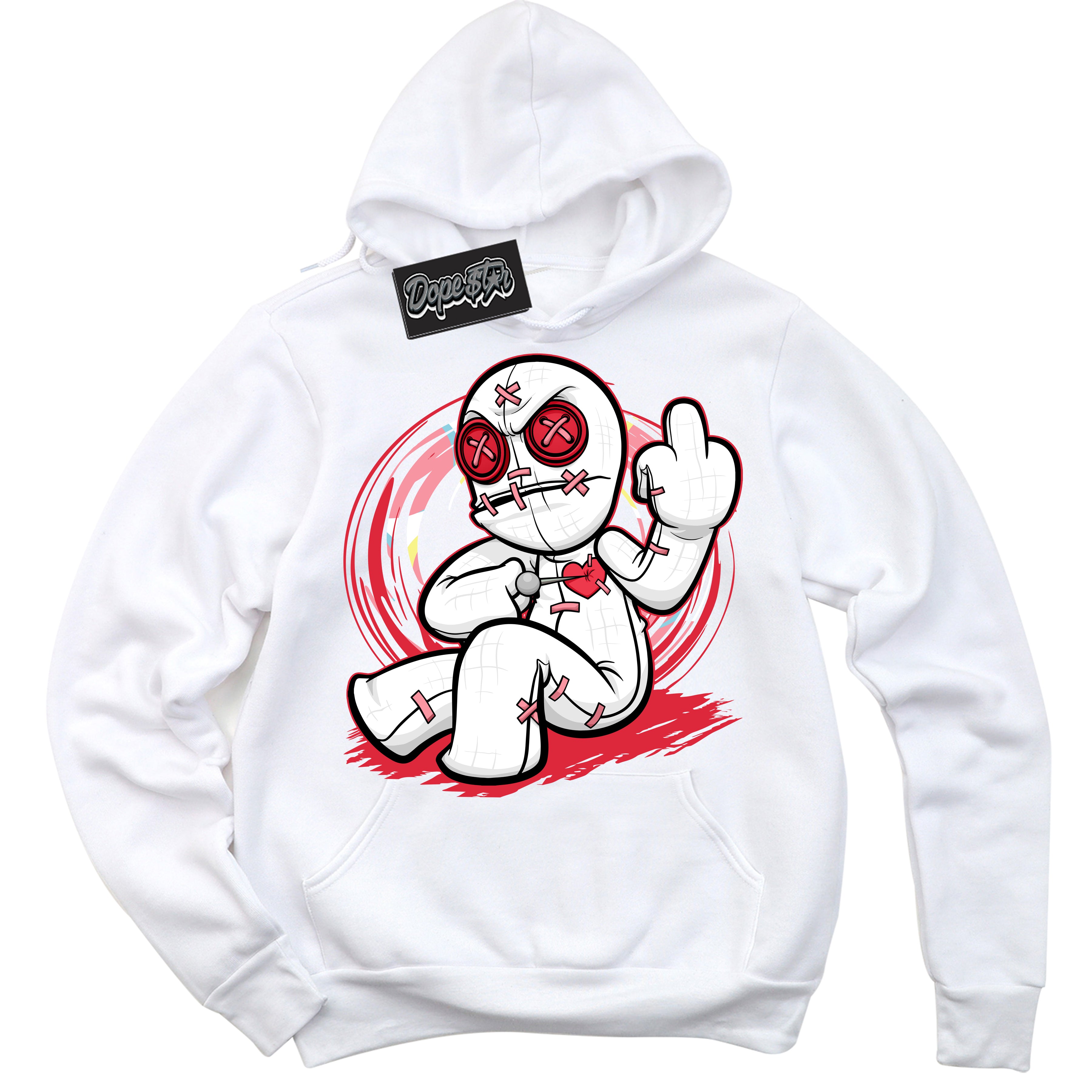 Cool White Graphic DopeStar Hoodie with “ VooDoo Doll “ print, that perfectly matches Spider-Verse 1s sneakers