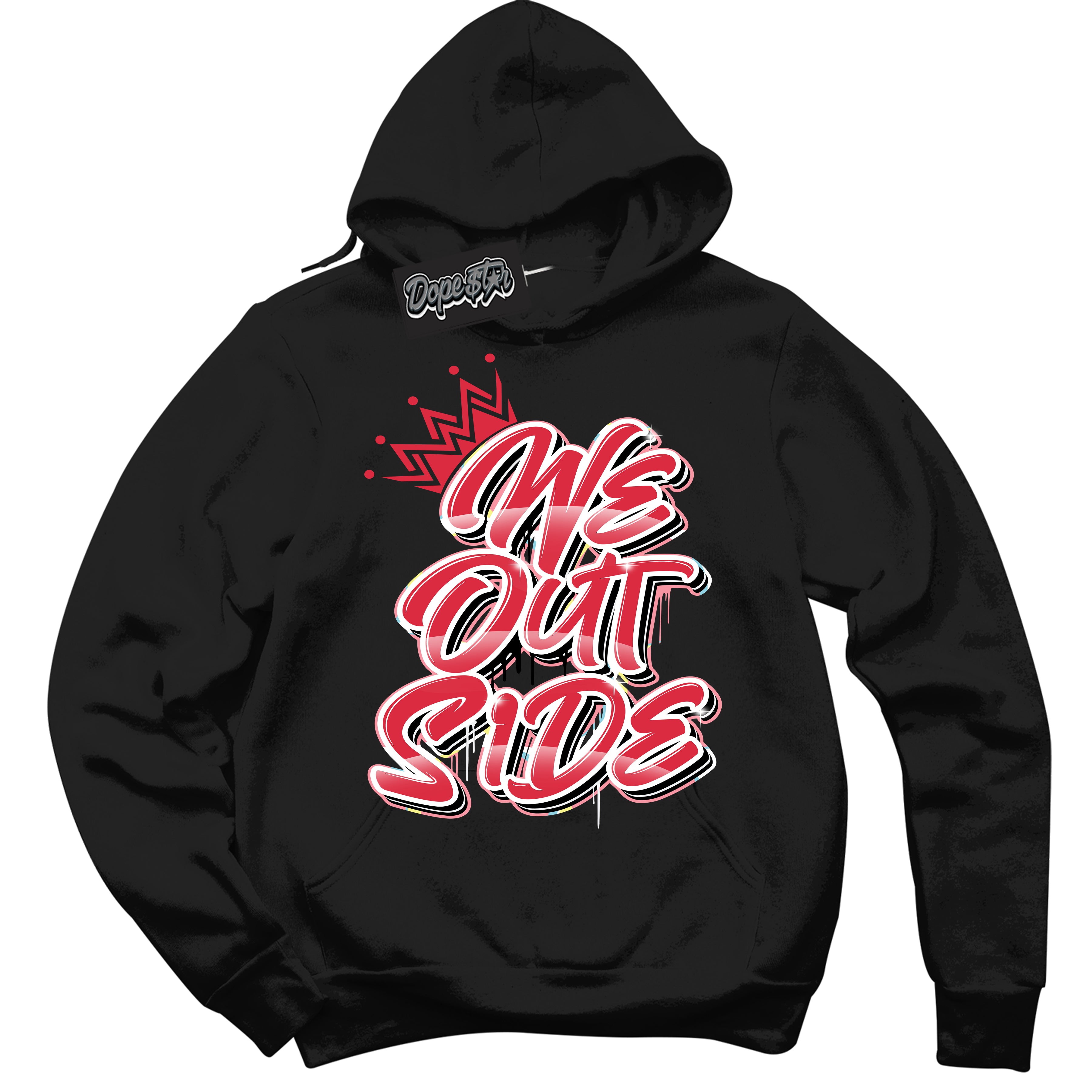 Cool Black Graphic DopeStar Hoodie with “ We Outside “ print, that perfectly matches Spider-Verse 1s sneakers