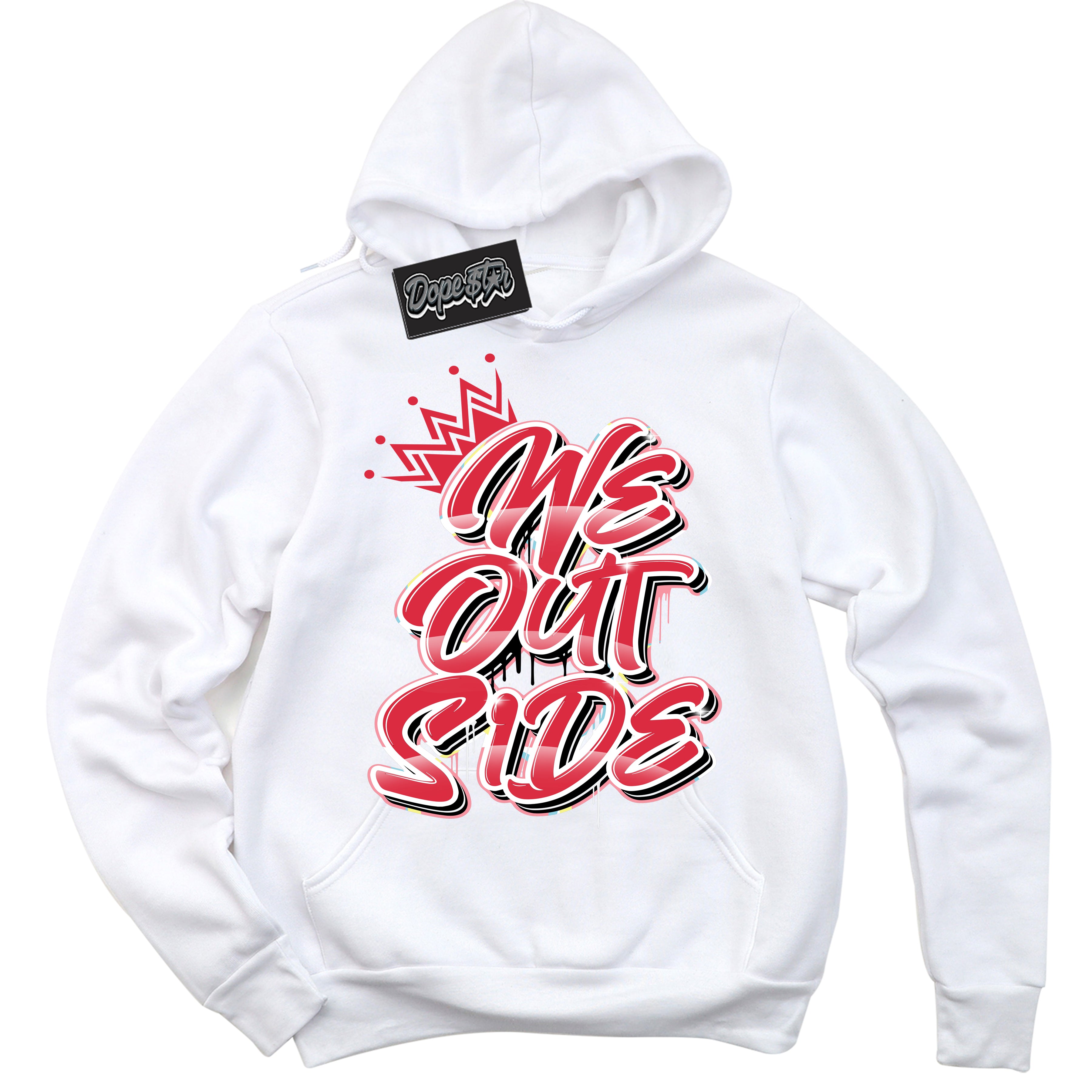 Cool White Graphic DopeStar Hoodie with “ We Outside “ print, that perfectly matches Spider-Verse 1s sneakers