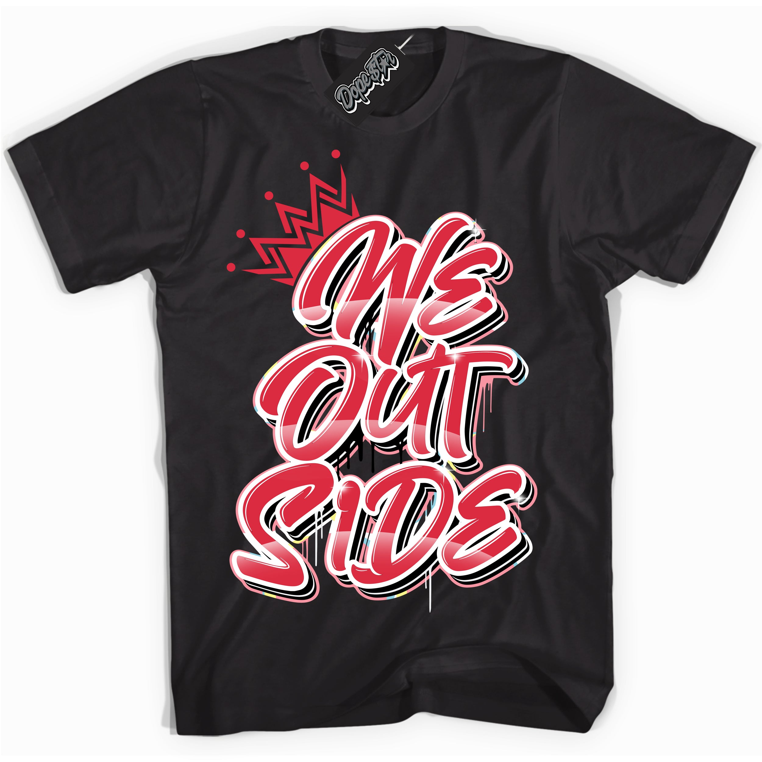 Cool Black graphic tee with “ We Outside ” design, that perfectly matches Spider-Verse 1s sneakers 