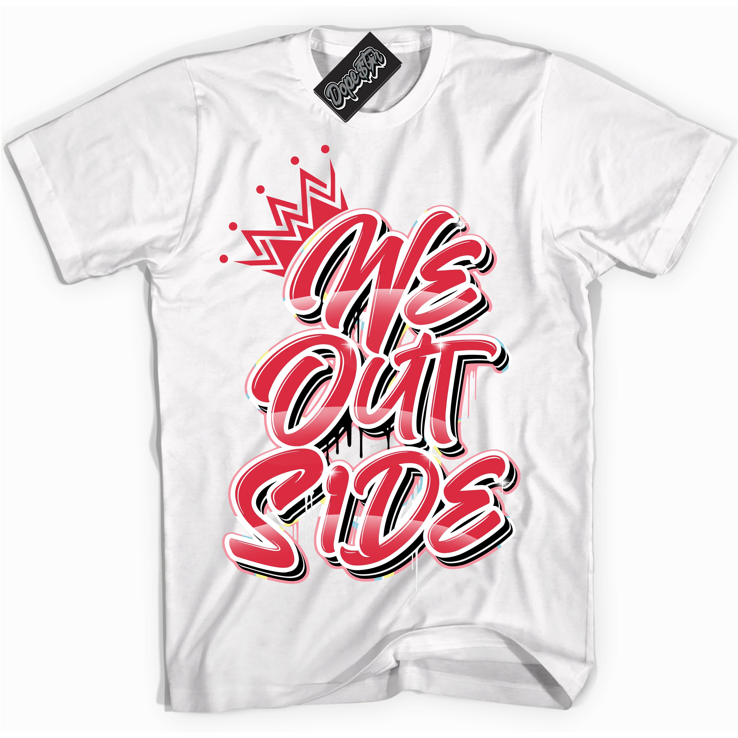 Cool White graphic tee with “ We Outside ” design, that perfectly matches Spider-Verse 1s sneakers 