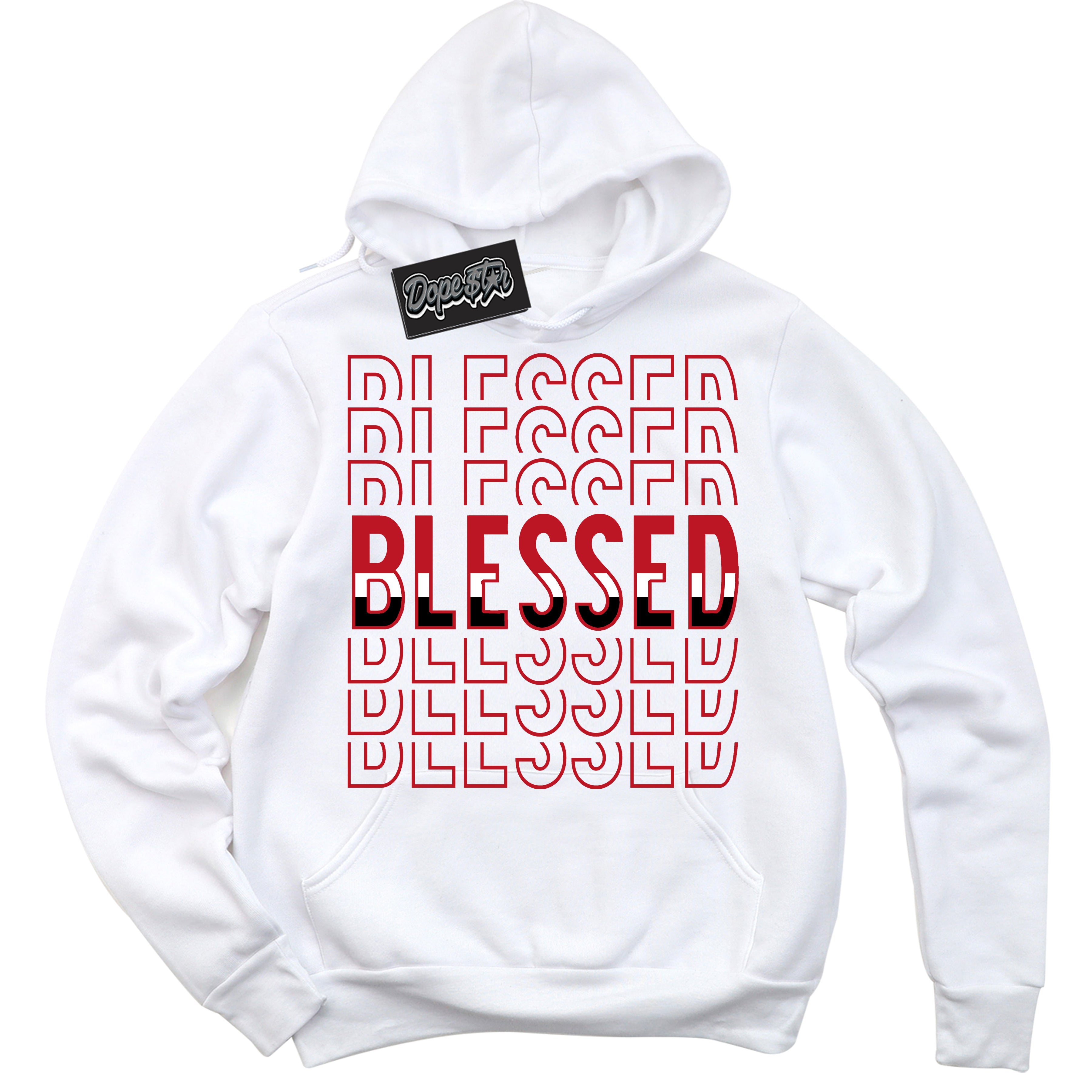 Cool White Hoodie with “ Blessed Stacked ”  design that Perfectly Matches Trophy Room 1s Jordans.
