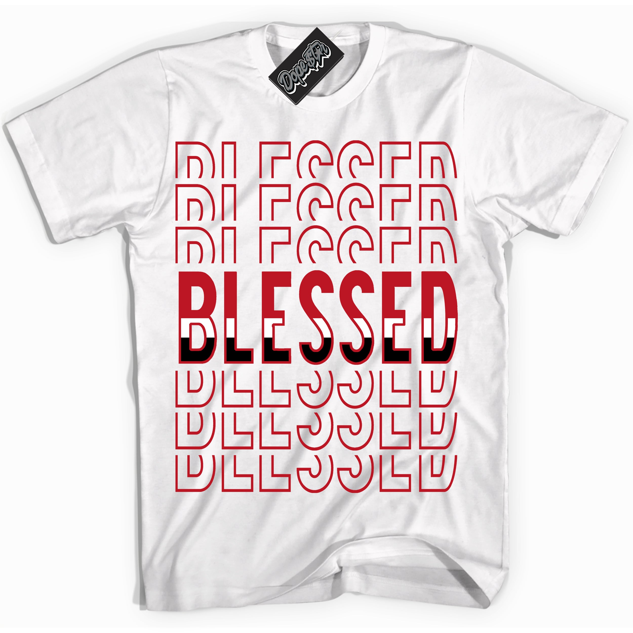 Cool White Shirt with “ Blessed Stacked ” design that perfectly matches Trophy Room 1s Jordans.
