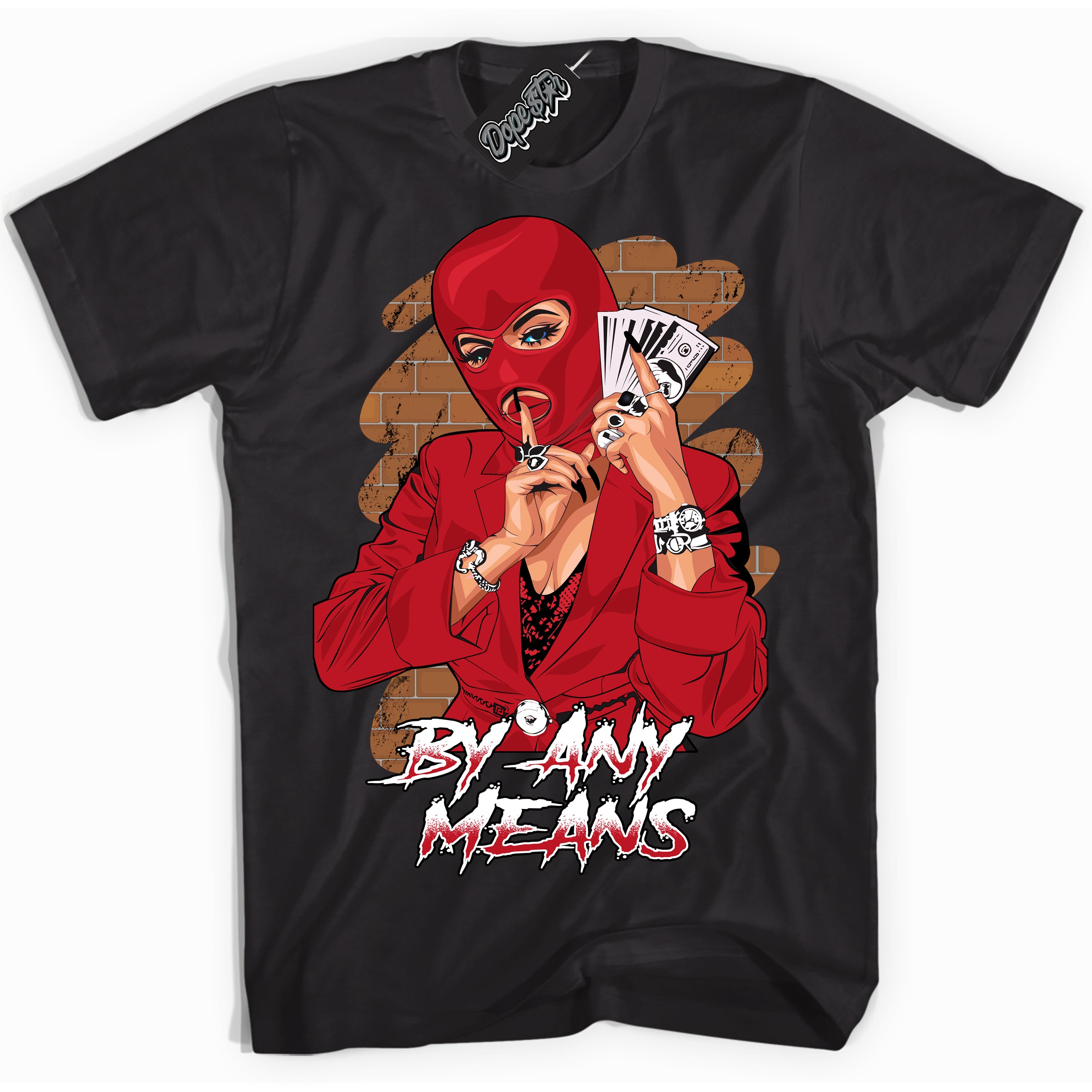 Cool Black Shirt with “ By Any Means ” design that perfectly matches Trophy Room 1s Jordans.
