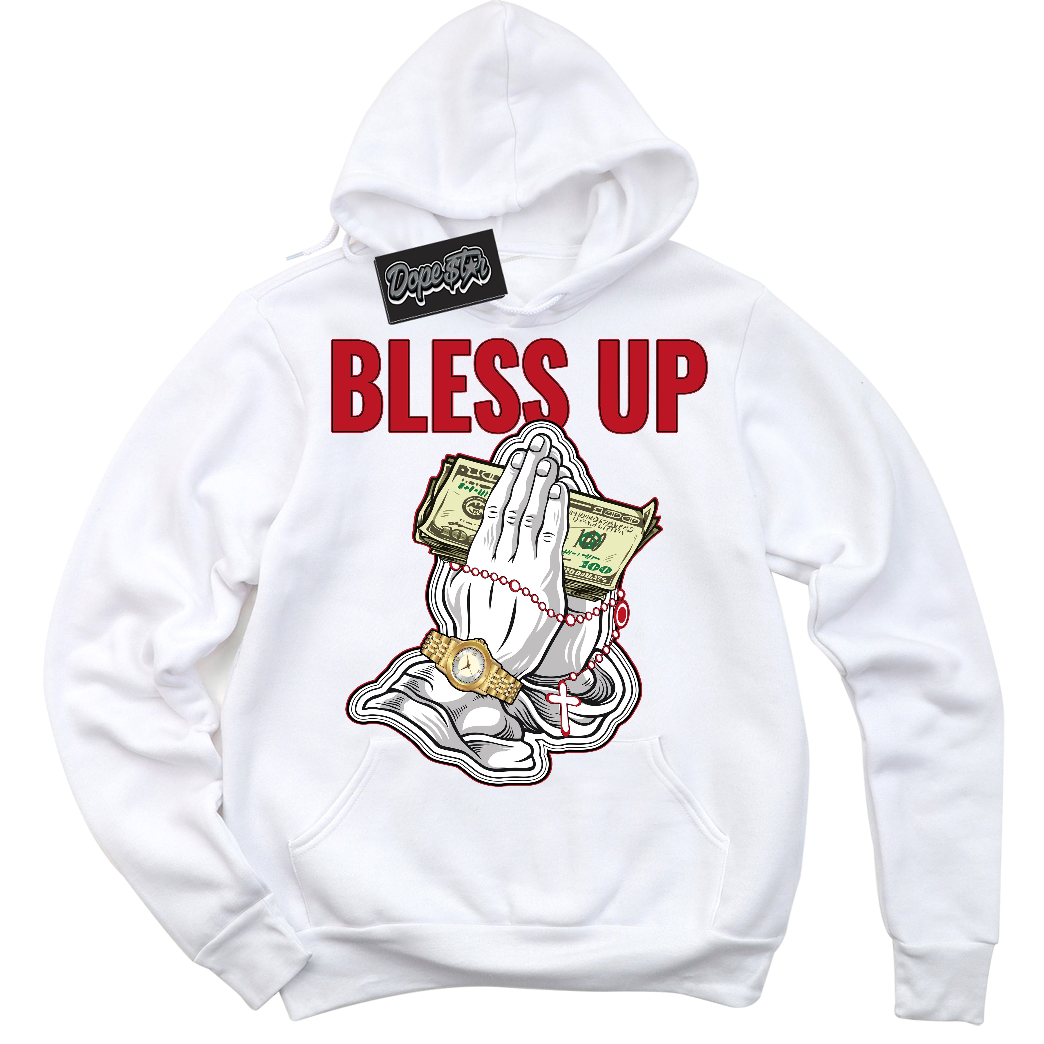 Cool White Hoodie with “ Bless Up ”  design that Perfectly Matches Trophy Room 1s Jordans.
