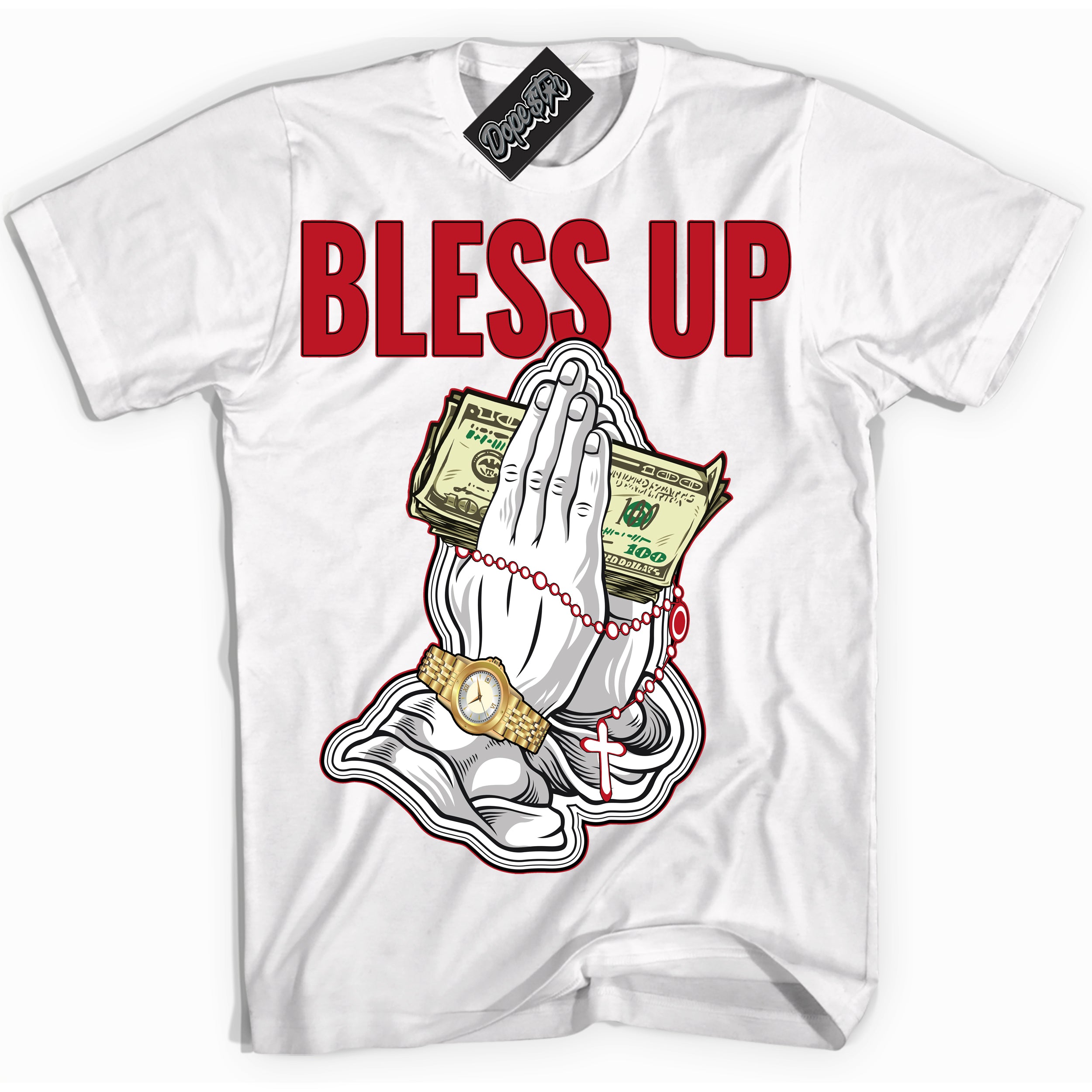 Cool White Shirt with “ Bless Up ” design that perfectly matches Trophy Room 1s Jordans.
