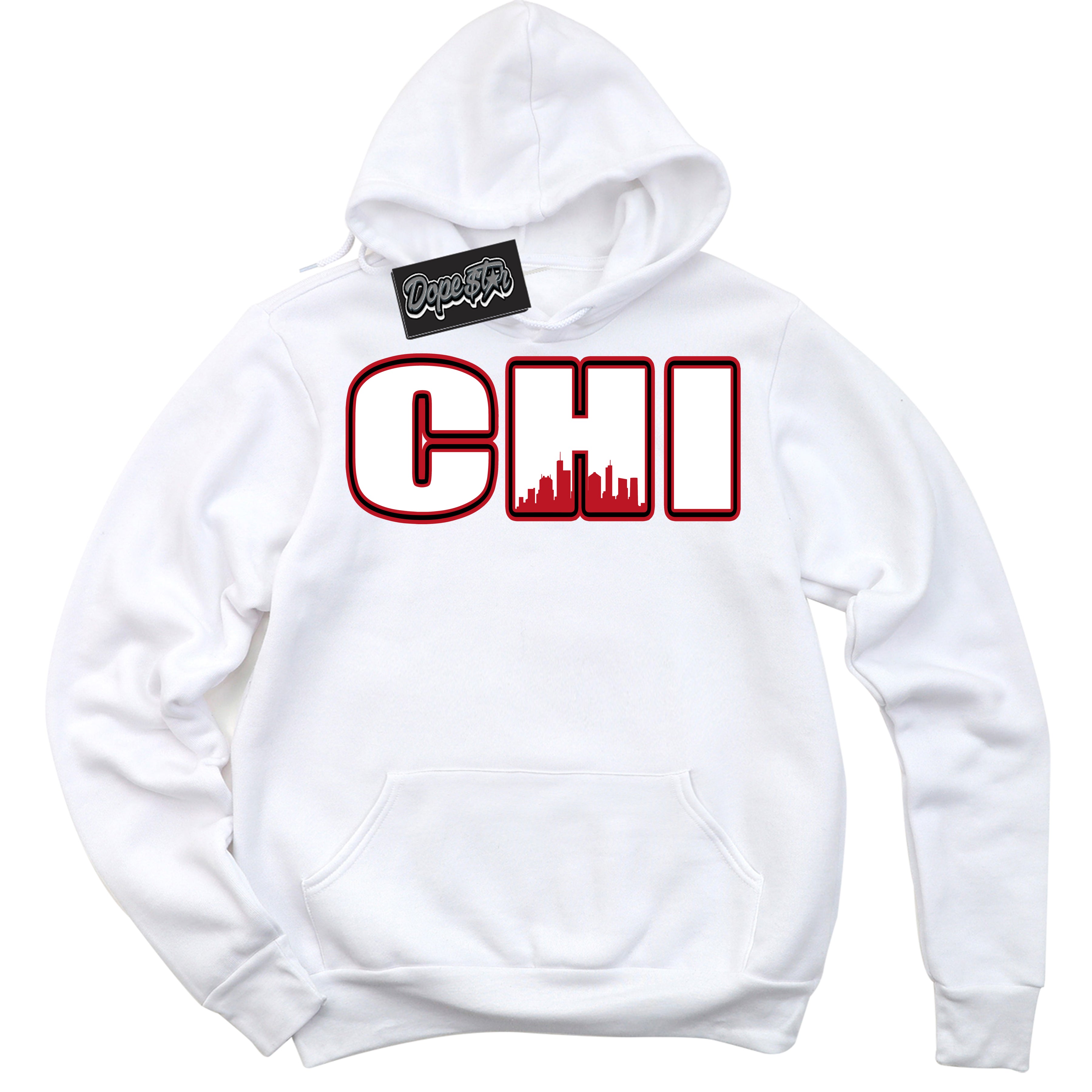 Cool White Hoodie with “ Chicago ”  design that Perfectly Matches Trophy Room 1s Jordans.
