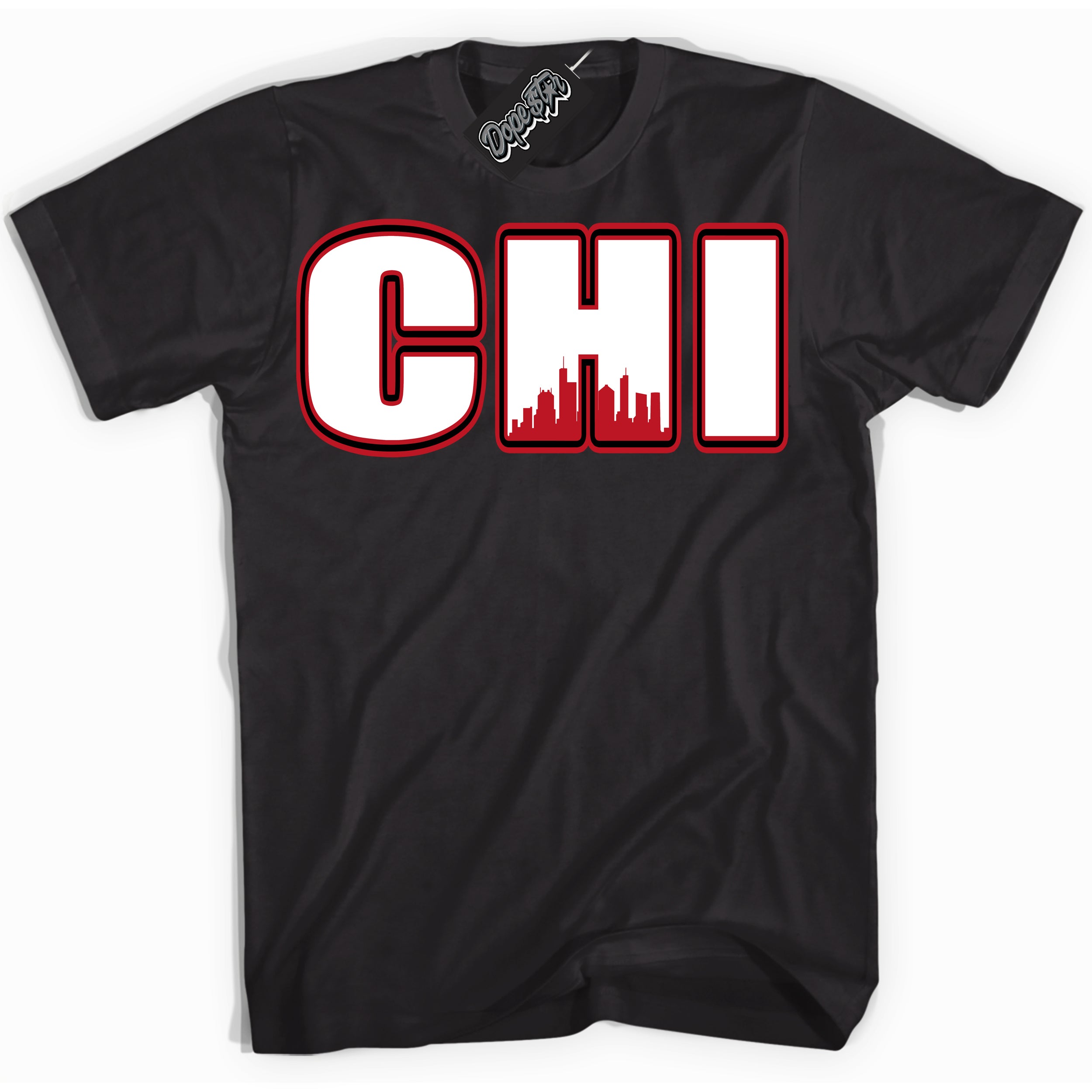 Cool Black Shirt with “ Chicago ” design that perfectly matches Trophy Room 1s Jordans.
