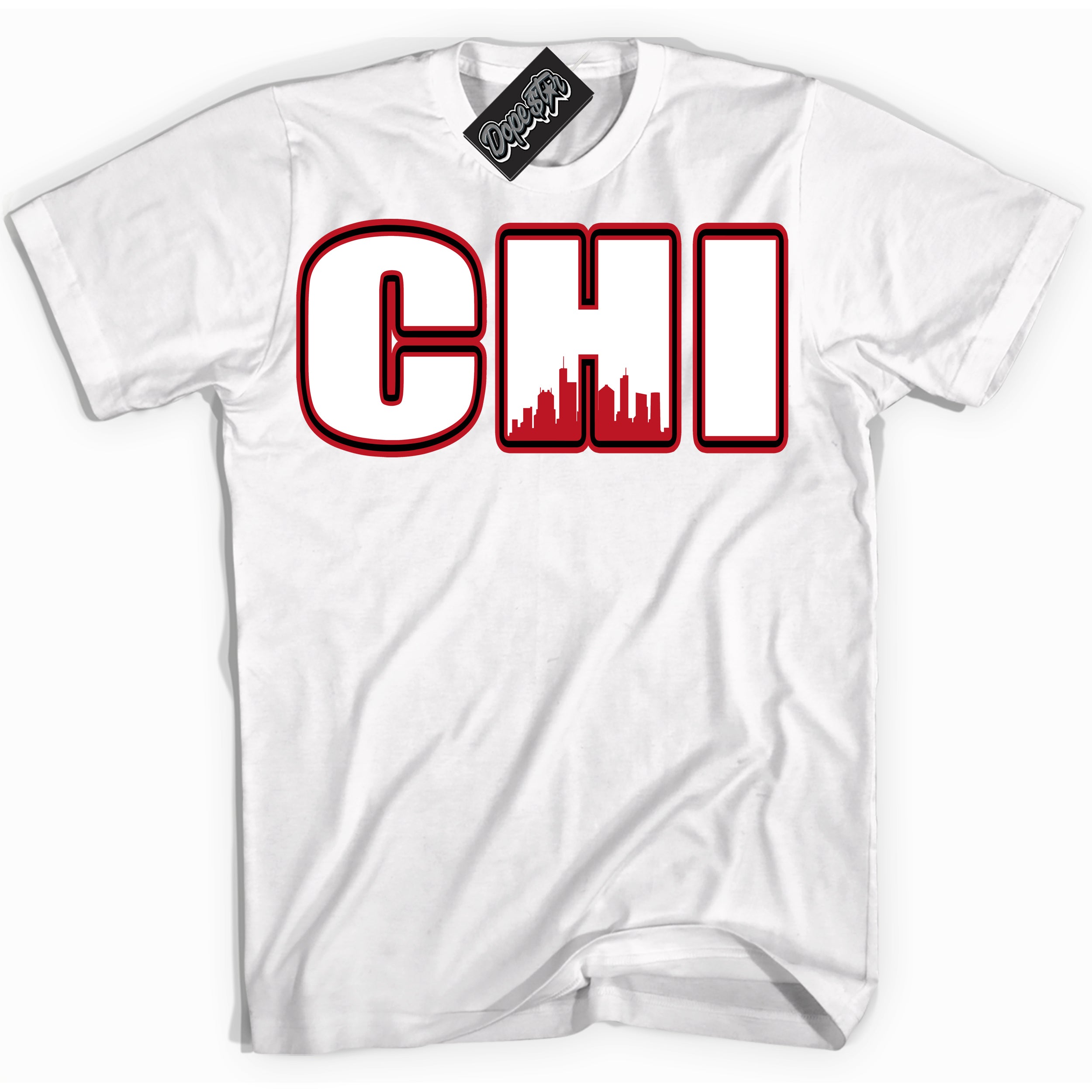 Cool White Shirt with “ Chicago ” design that perfectly matches Trophy Room 1s Jordans.
