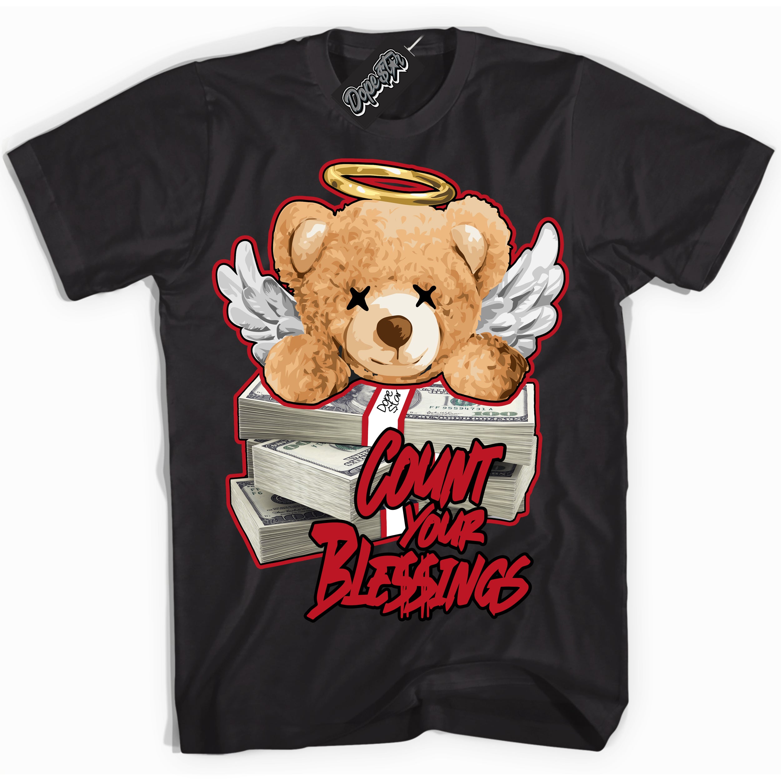 Cool Black Shirt with “ Count Your Blessings ” design that perfectly matches Trophy Room 1s Jordans.
