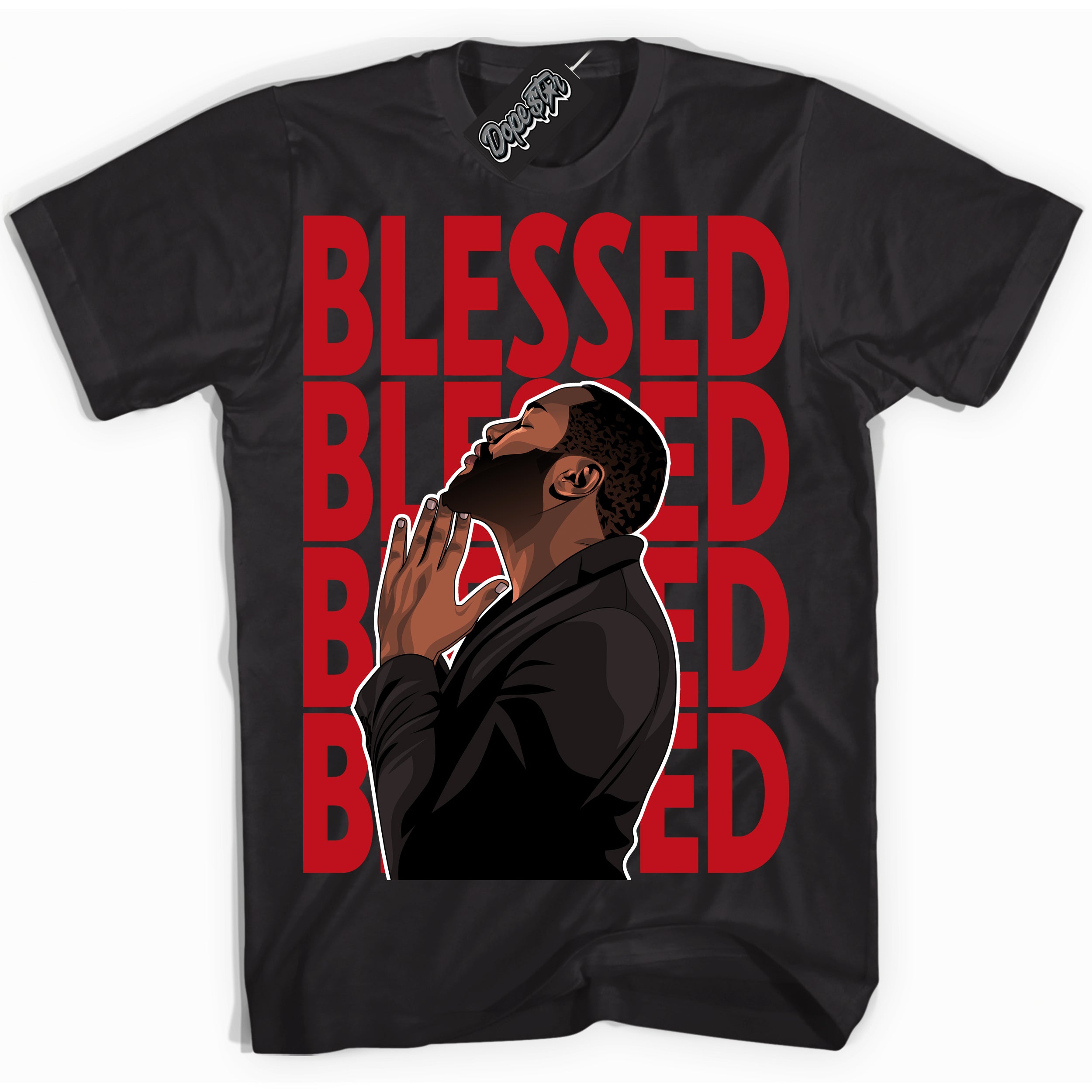 Cool Black Shirt with “ God Blessed ” design that perfectly matches Trophy Room 1s Jordans.
