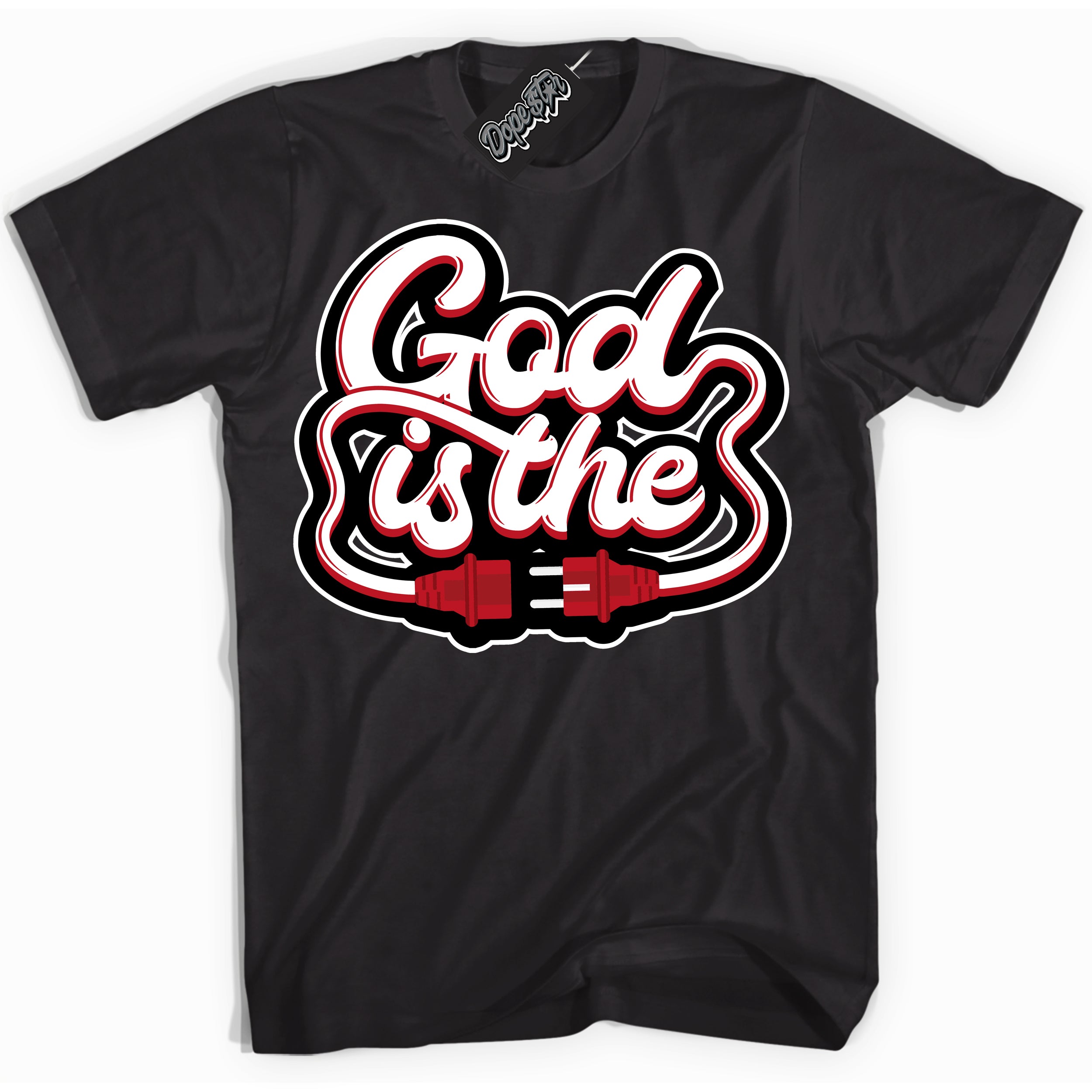 Cool Black Shirt with “ God Is The ” design that perfectly matches Trophy Room 1s Jordans.
