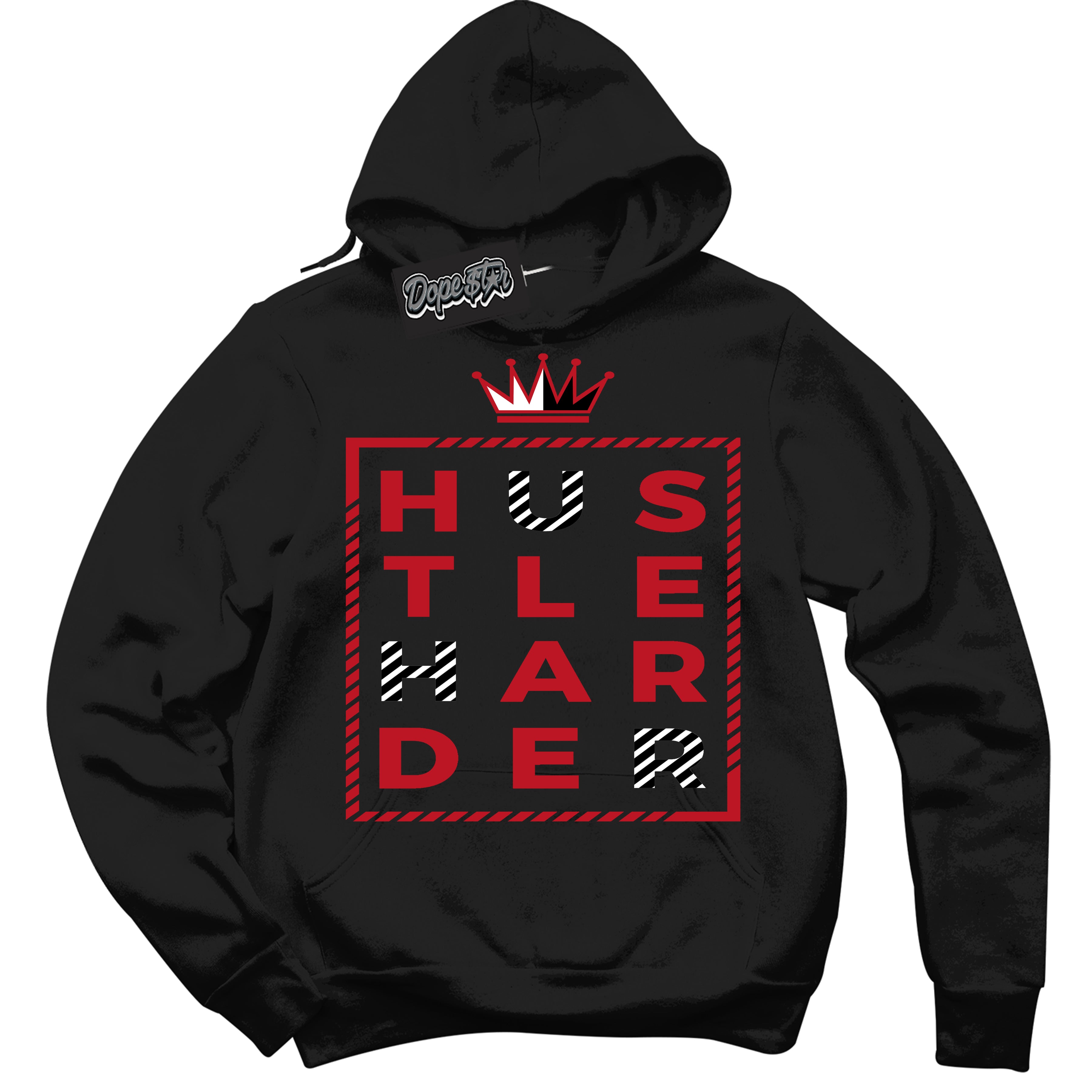 Cool Black Hoodie with “ Hustle Harder ”  design that Perfectly Matches Trophy Room 1s Jordans.
