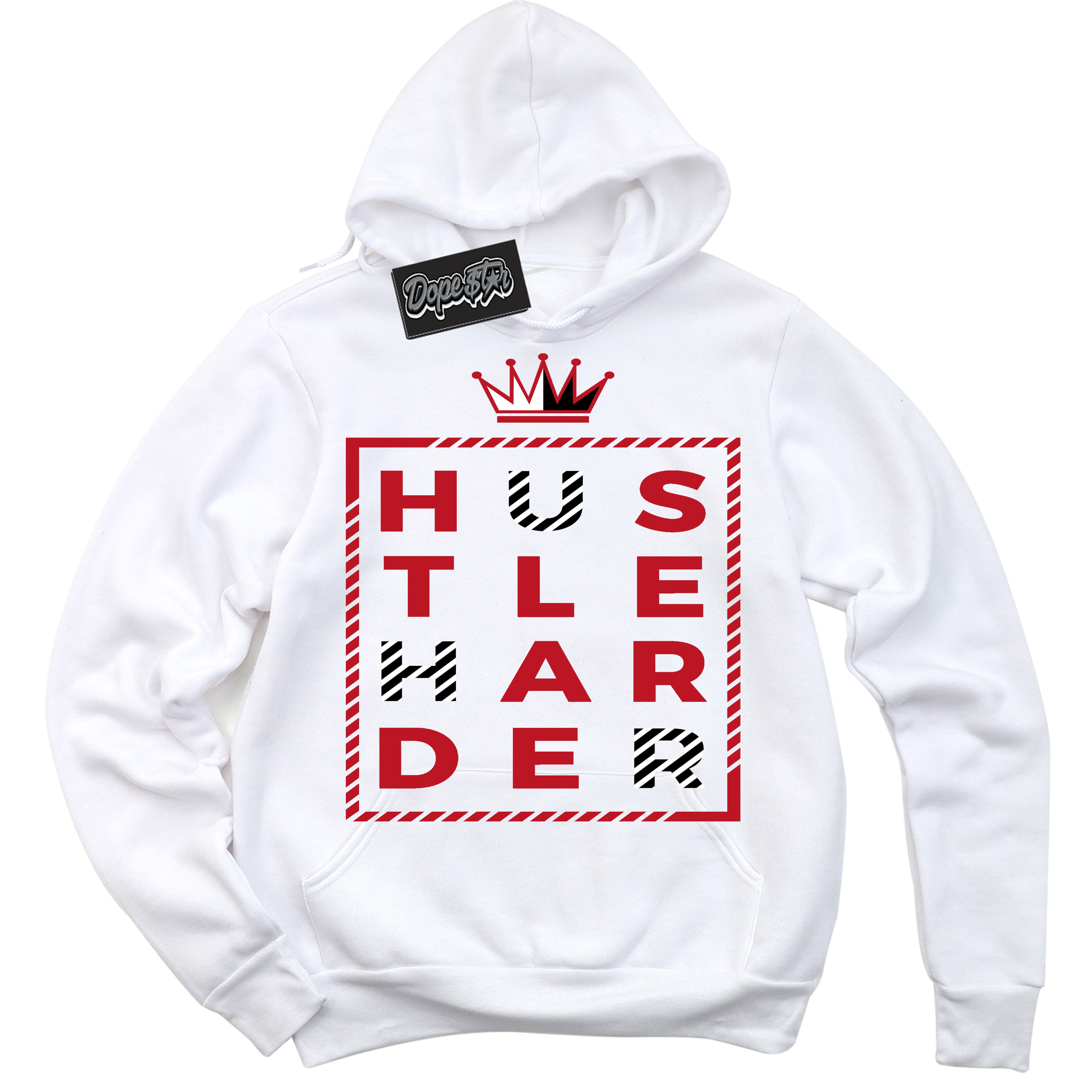 Cool White Hoodie with “ Hustle Harder ”  design that Perfectly Matches Trophy Room 1s Jordans.
