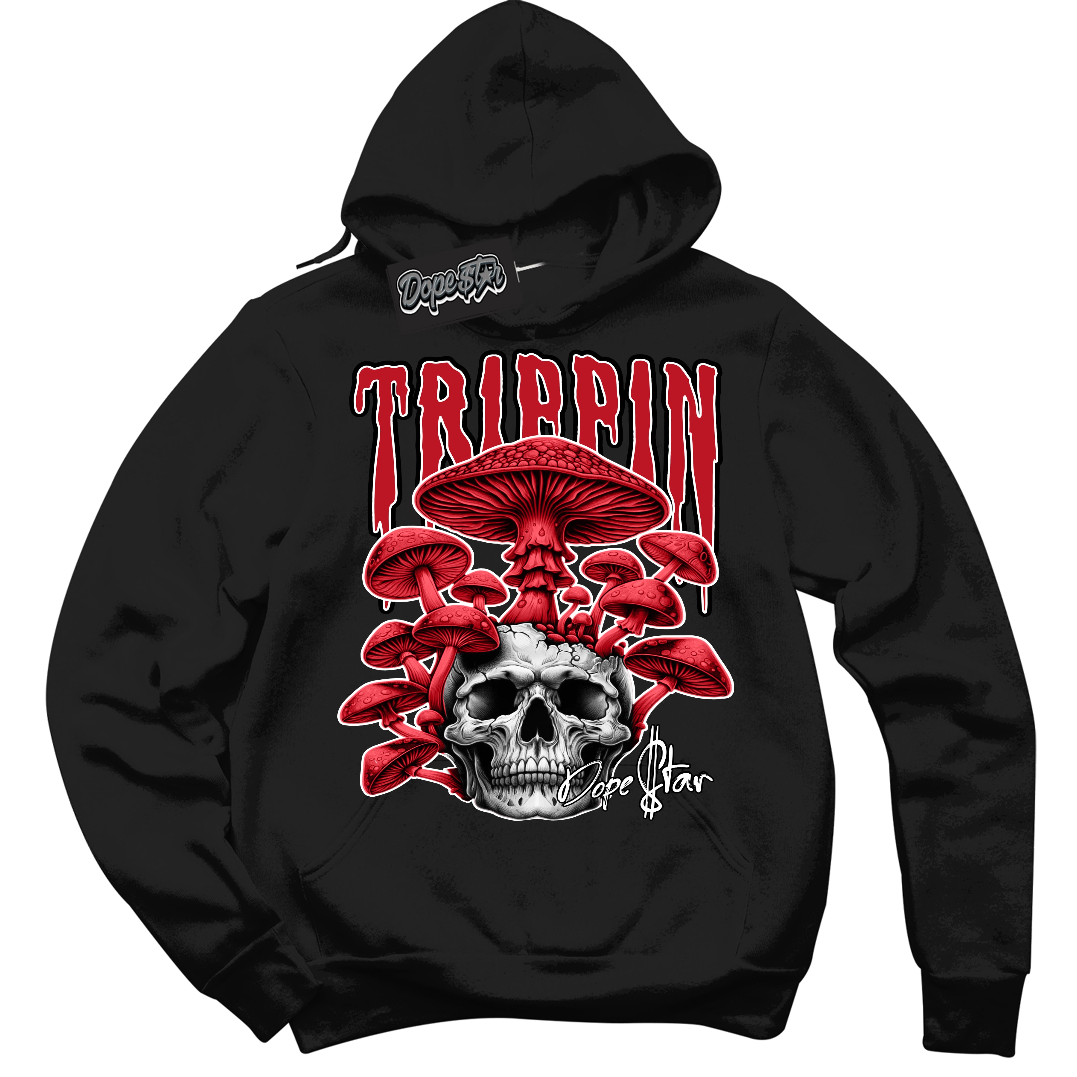 Cool Black Hoodie with “Trippin” design that Perfectly Matches Trophy Room 1s Sneakers.