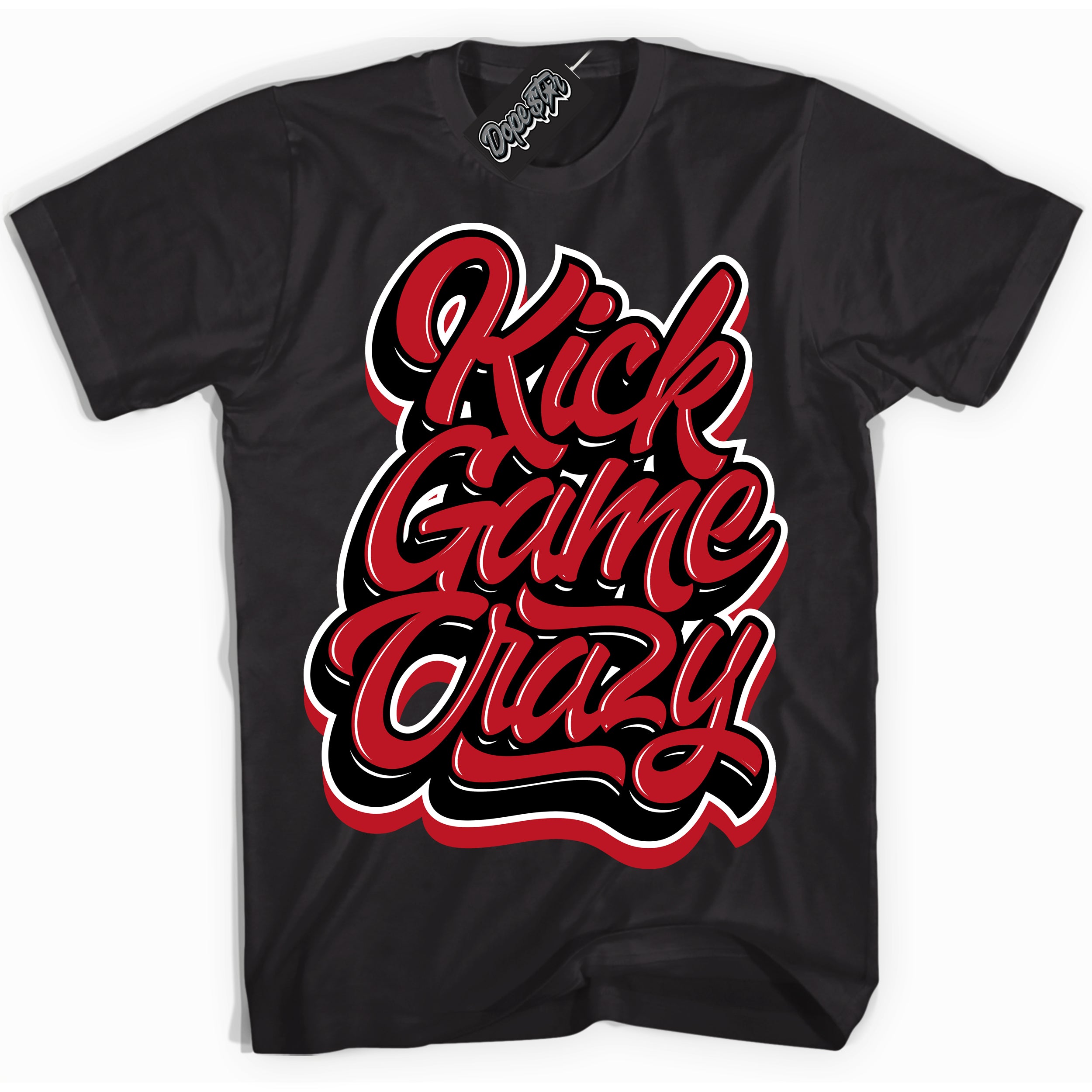 Cool Black Shirt with “ Kick Game Crazy ” design that perfectly matches Trophy Room 1s Jordans.
