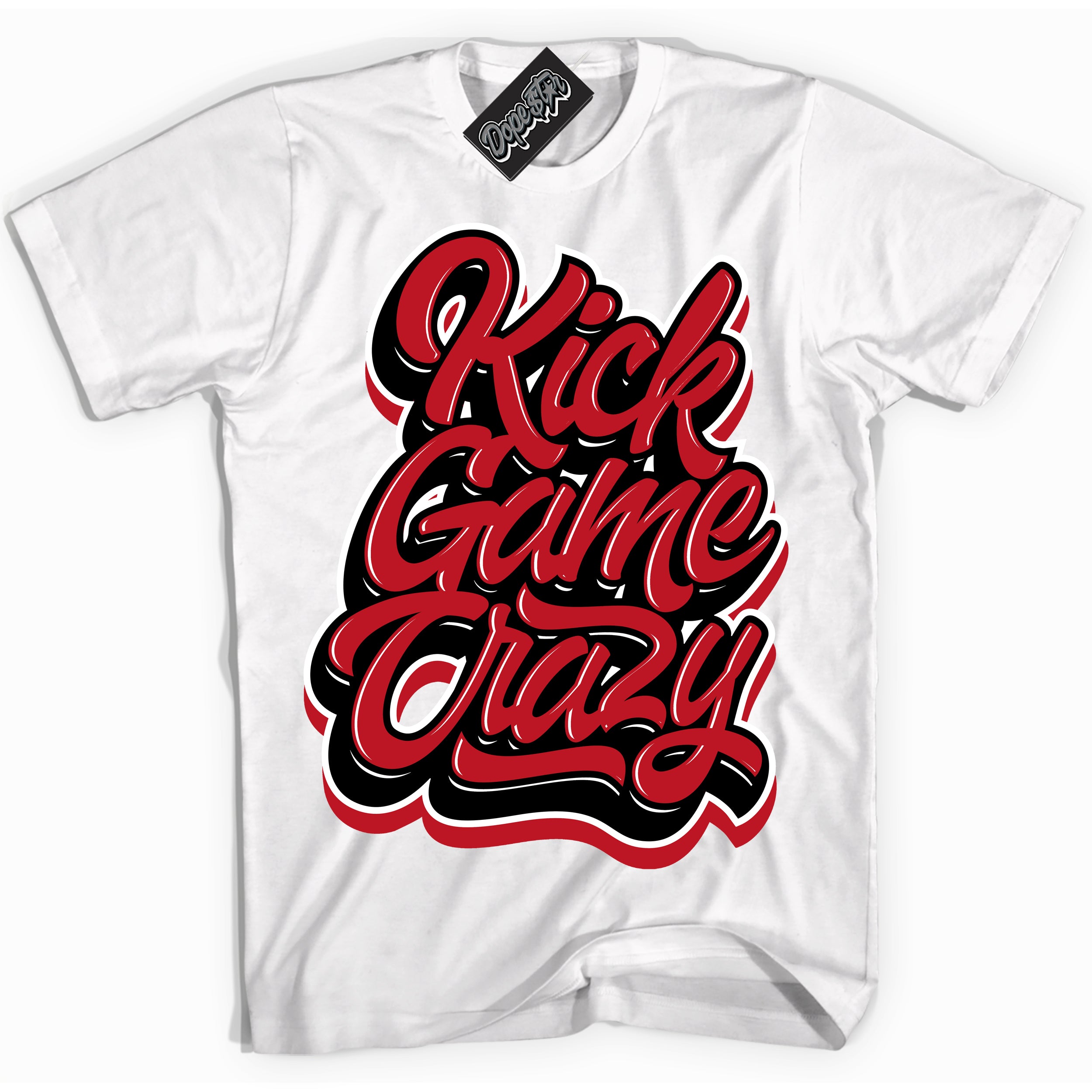 Cool White Shirt with “ Kick Game Crazy ” design that perfectly matches Trophy Room 1s Jordans.
