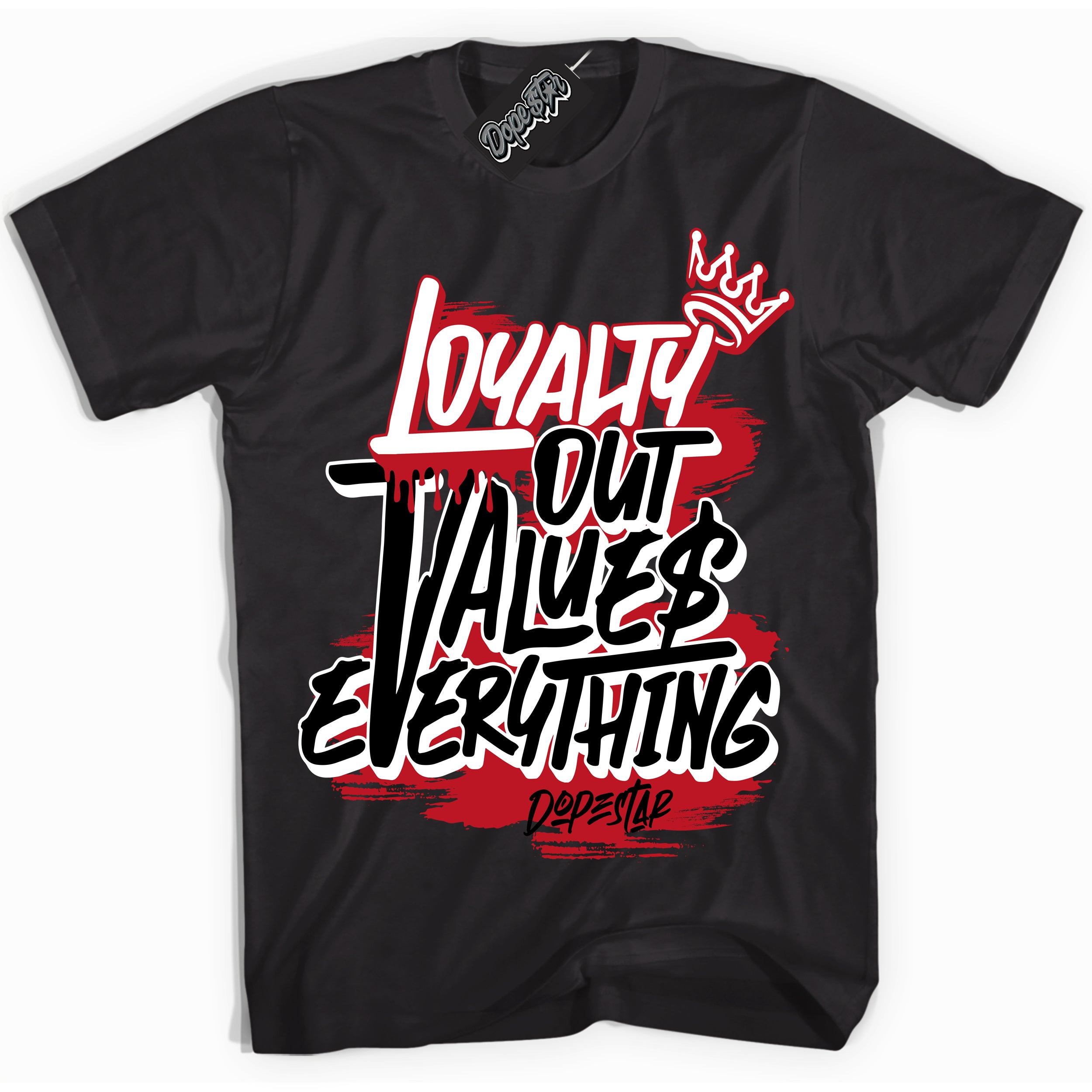 Cool Black Shirt with “ Loyalty Out Values Everything ” design that perfectly matches Trophy Room 1s Jordans.
