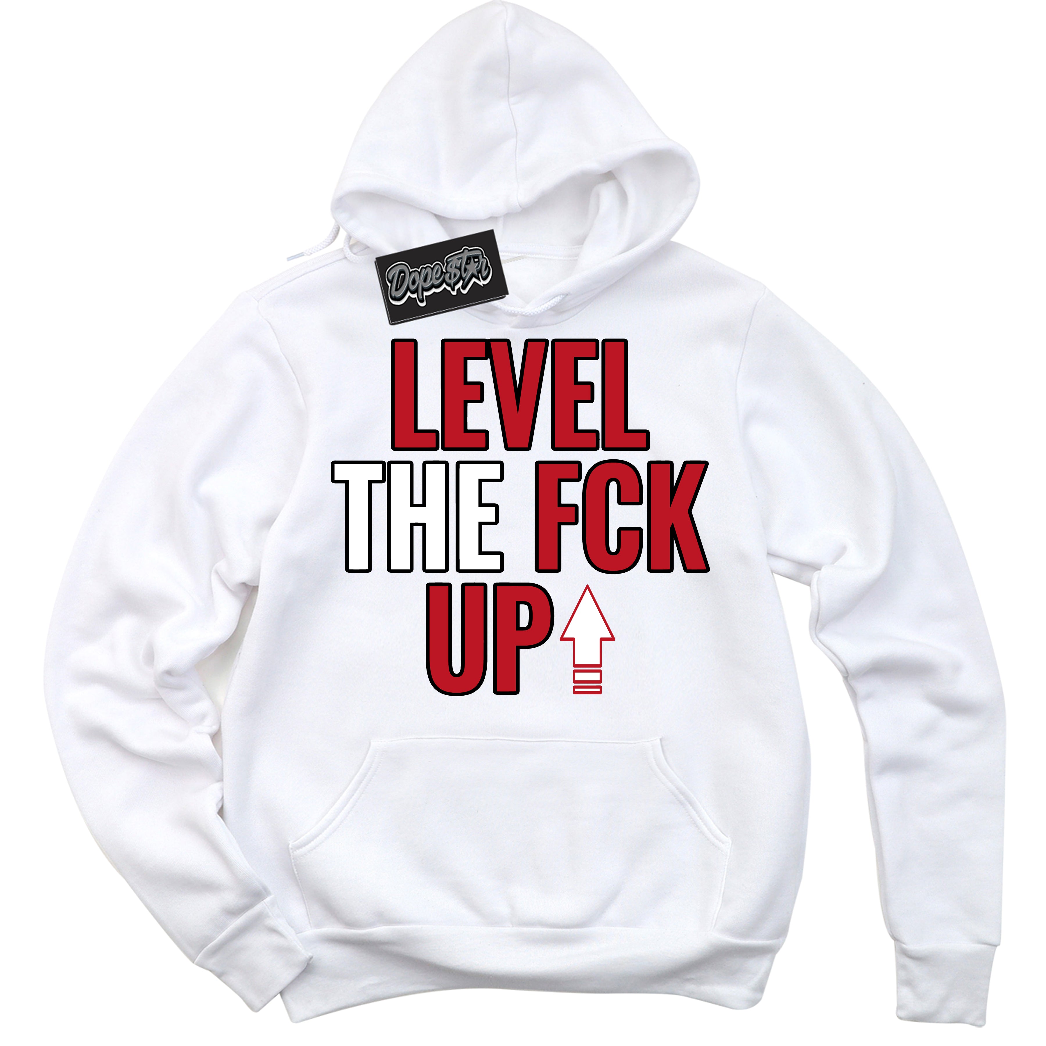 Cool White Hoodie with “ Level The Fck Up ”  design that Perfectly Matches Trophy Room 1s Jordans.
