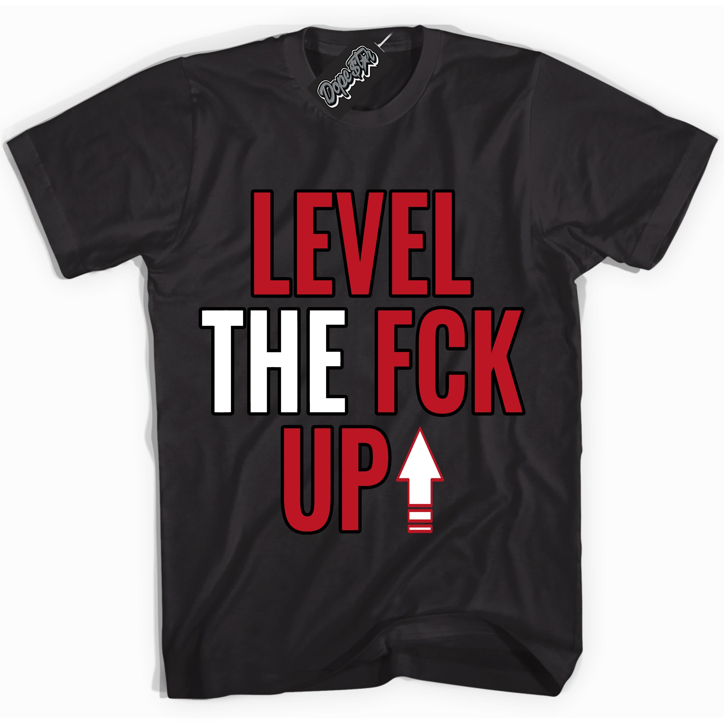 Cool Black Shirt with “ Level The Fck Up ” design that perfectly matches Trophy Room 1s Jordans.
