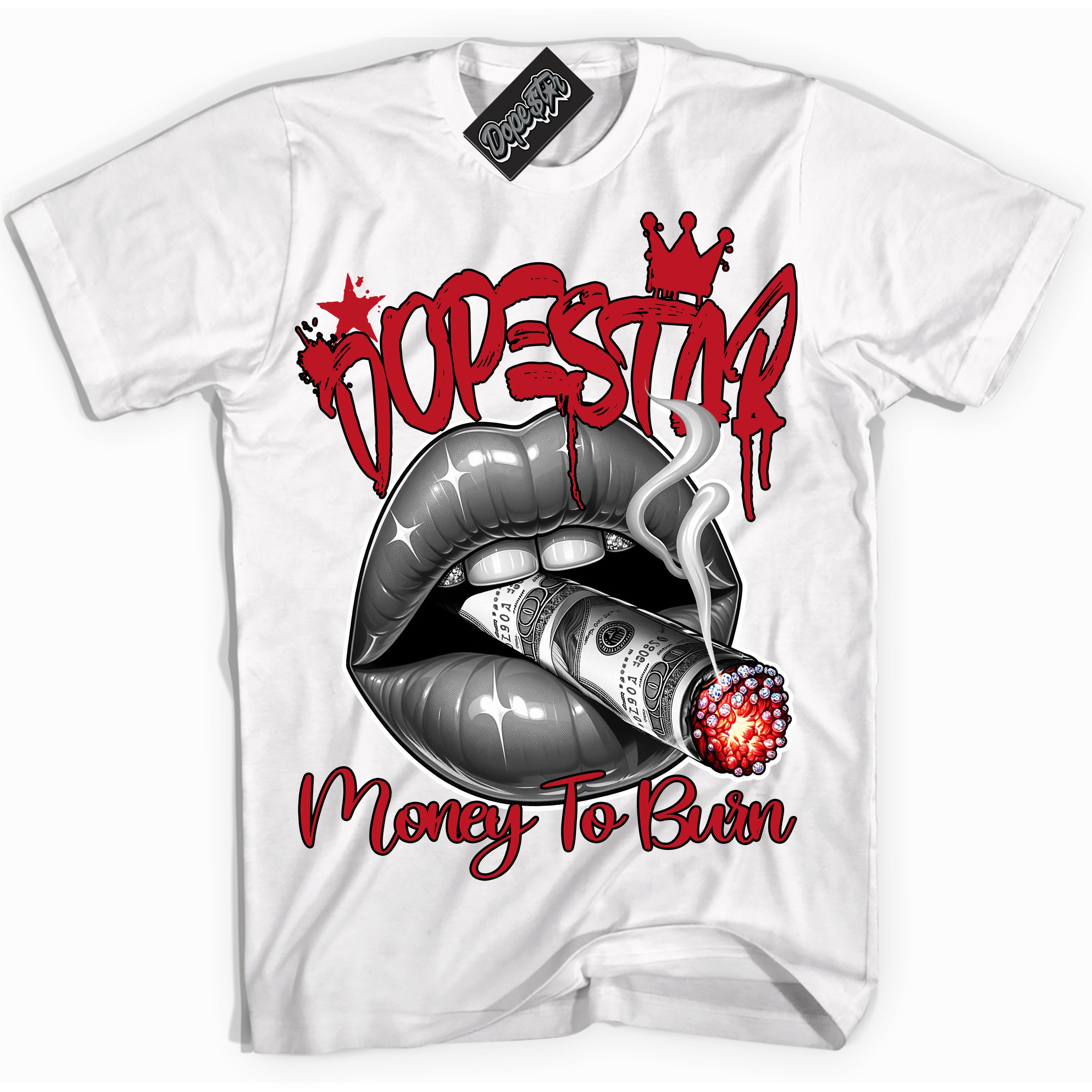 Cool White Shirt with “ Money To Burn” design that perfectly matches Trophy Room 1s Sneakers.