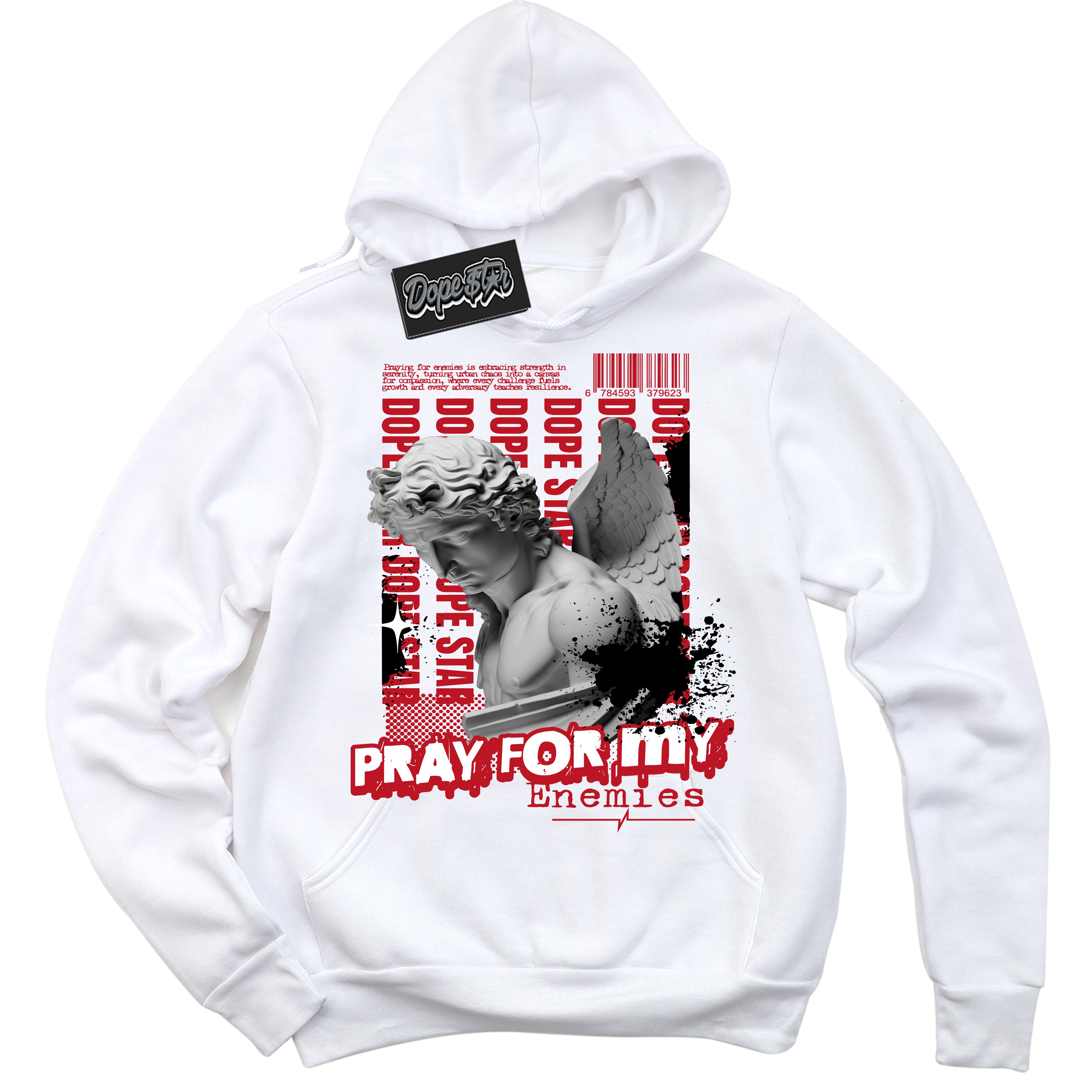 Cool White Hoodie with “ Pray Enemies ”  design that Perfectly Matches Trophy Room 1s Jordans.