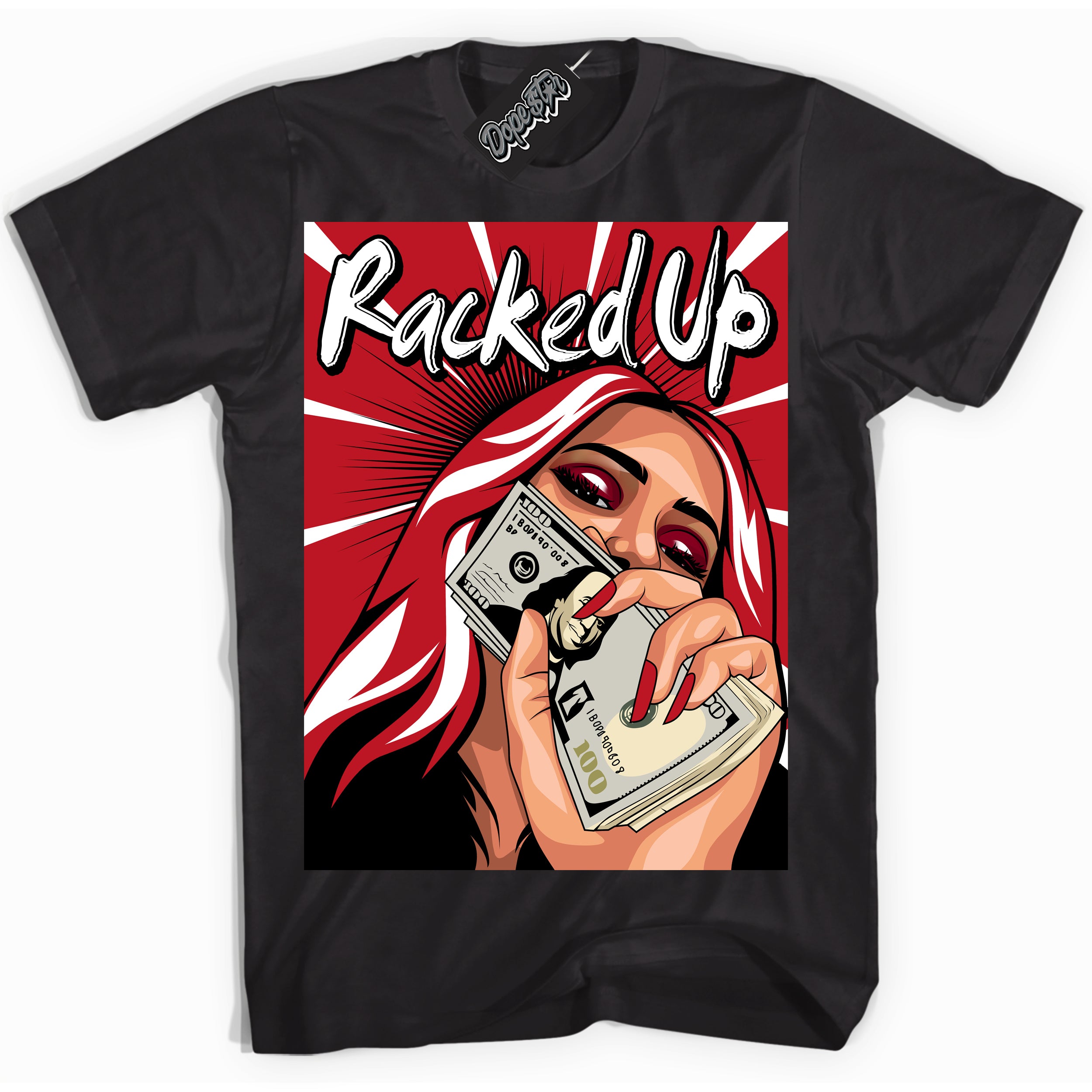 Cool Black Shirt with “ Racked Up ” design that perfectly matches Trophy Room 1s Jordans.
