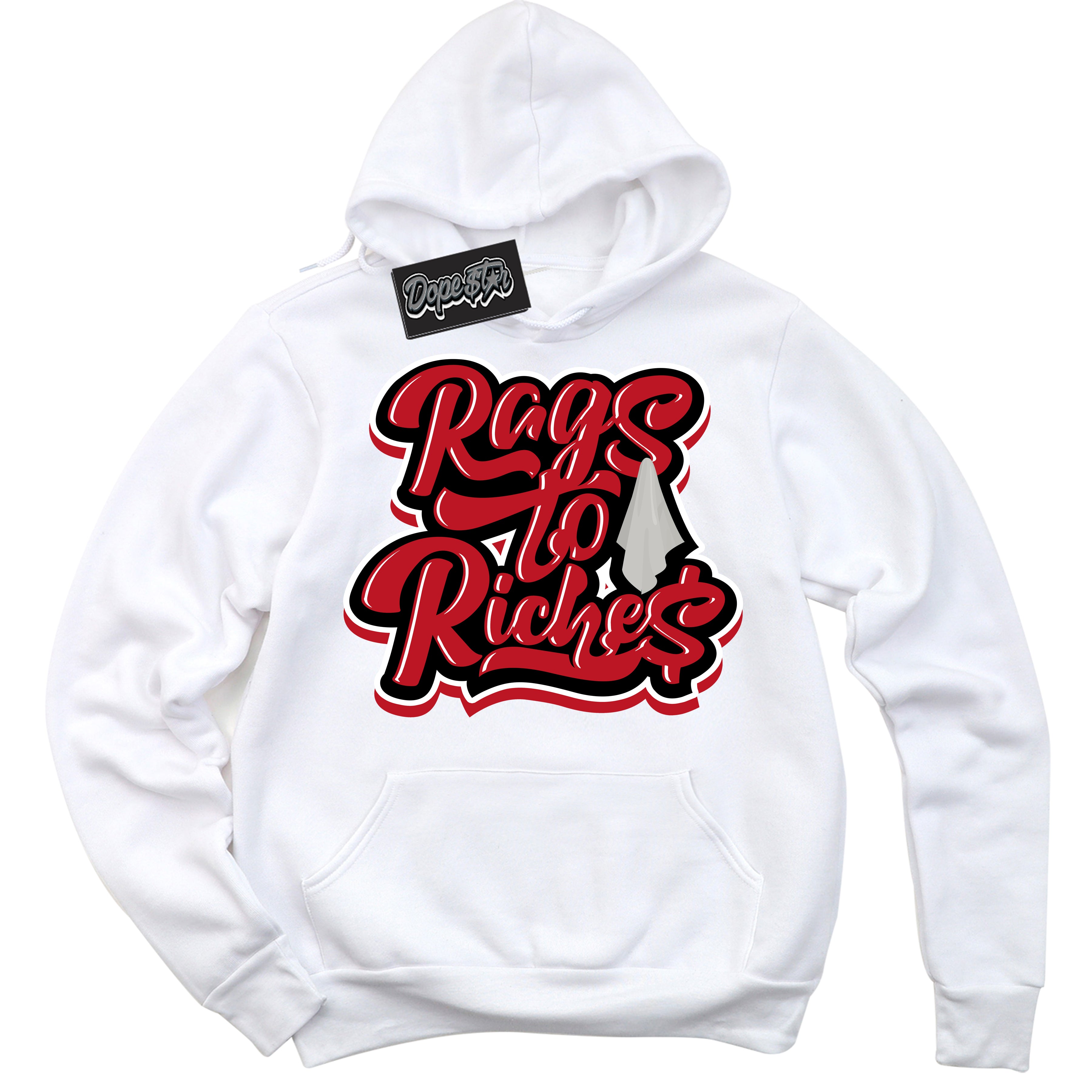 Cool White Hoodie with “ Rags To Riches ”  design that Perfectly Matches Trophy Room 1s Jordans.
