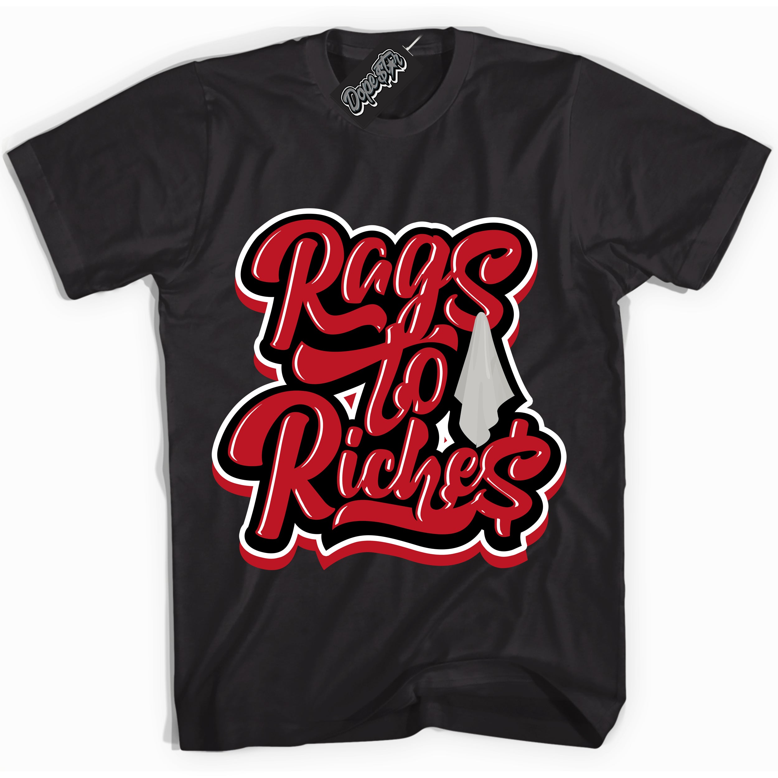 Cool Black Shirt with “ Rags To Riches ” design that perfectly matches Trophy Room 1s Jordans.
