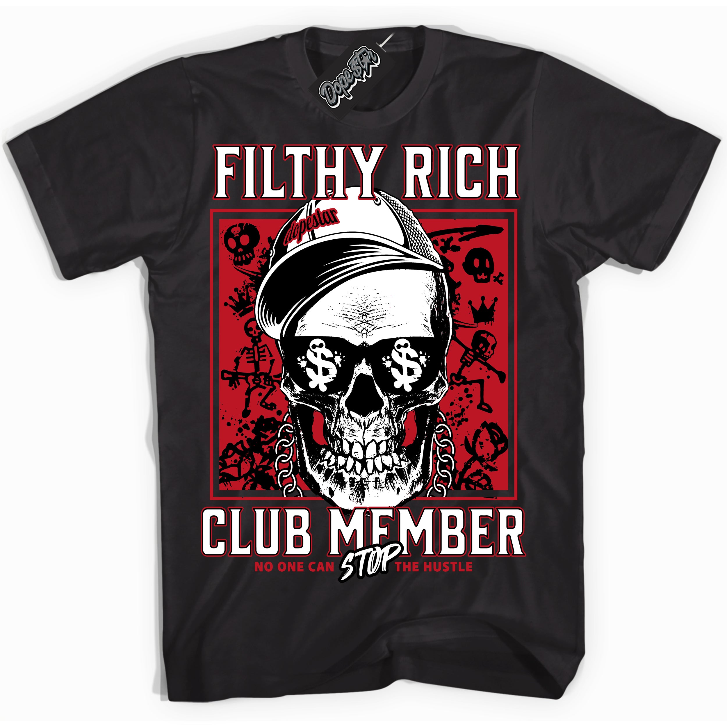 Cool Black Shirt with “ Filthy Rich” design that perfectly matches Trophy Room 1s Sneakers.