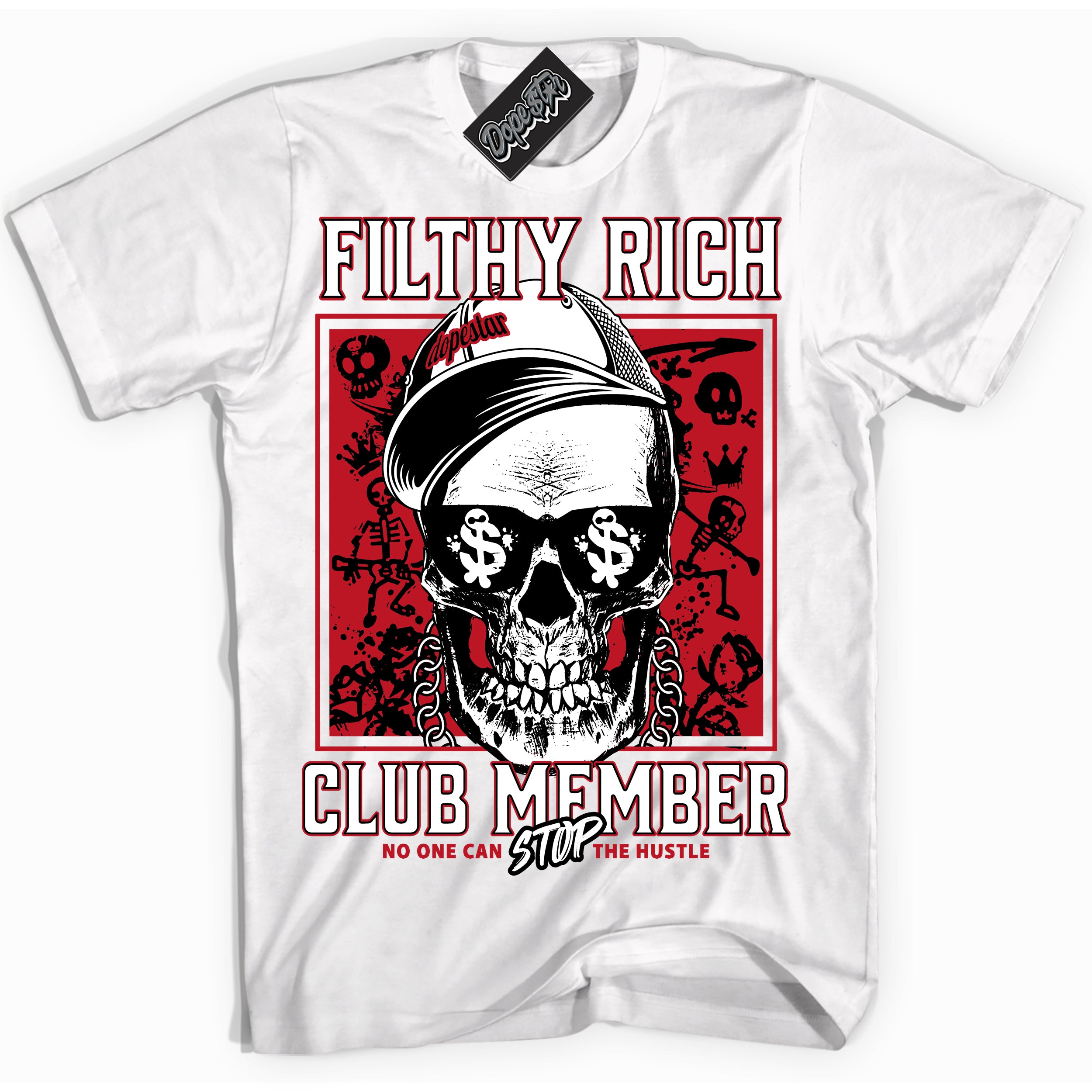 Cool White Shirt with “ Filthy Rich” design that perfectly matches Trophy Room 1s Sneakers.