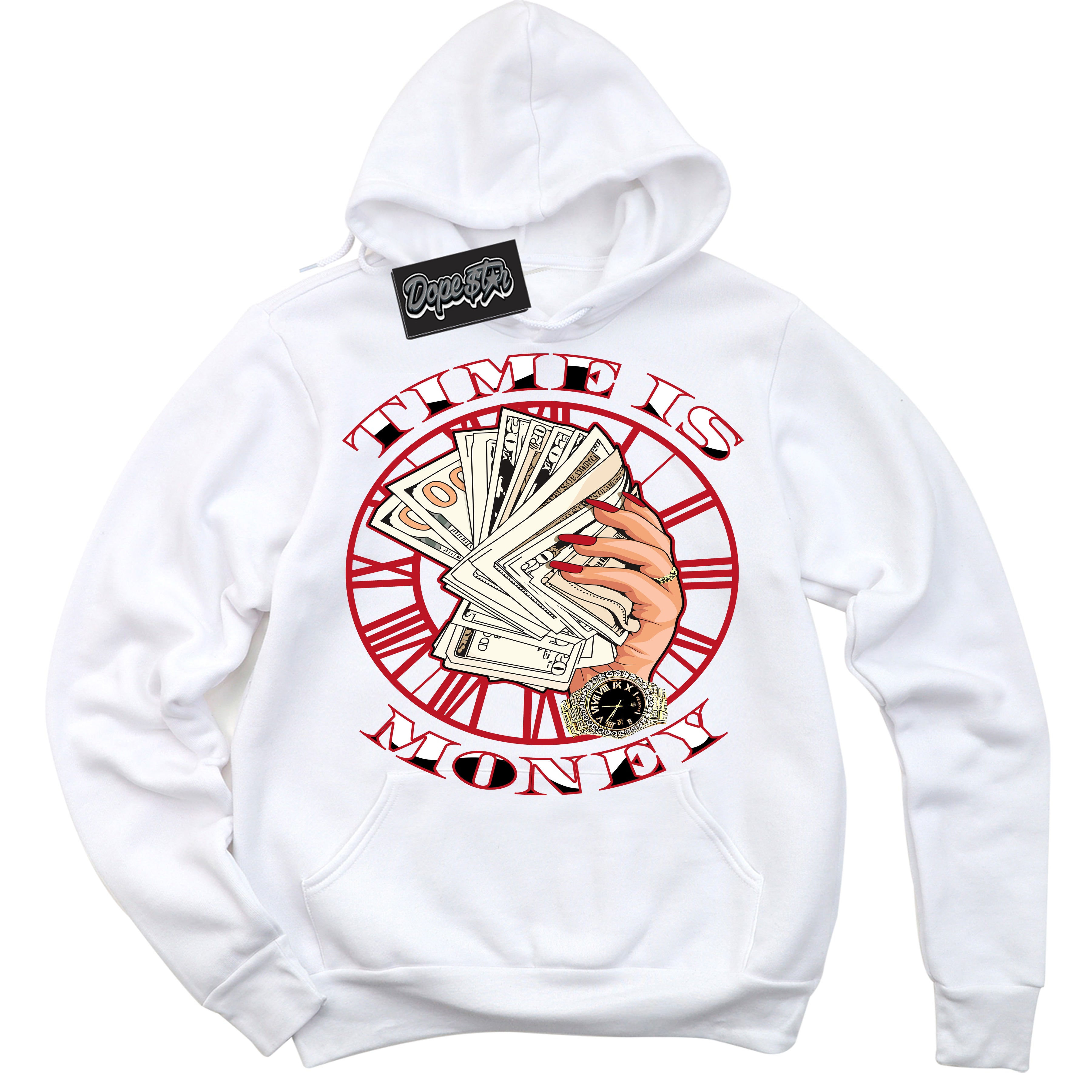 Cool White Hoodie with “ Time Is Money ”  design that Perfectly Matches Trophy Room 1s Jordans.
