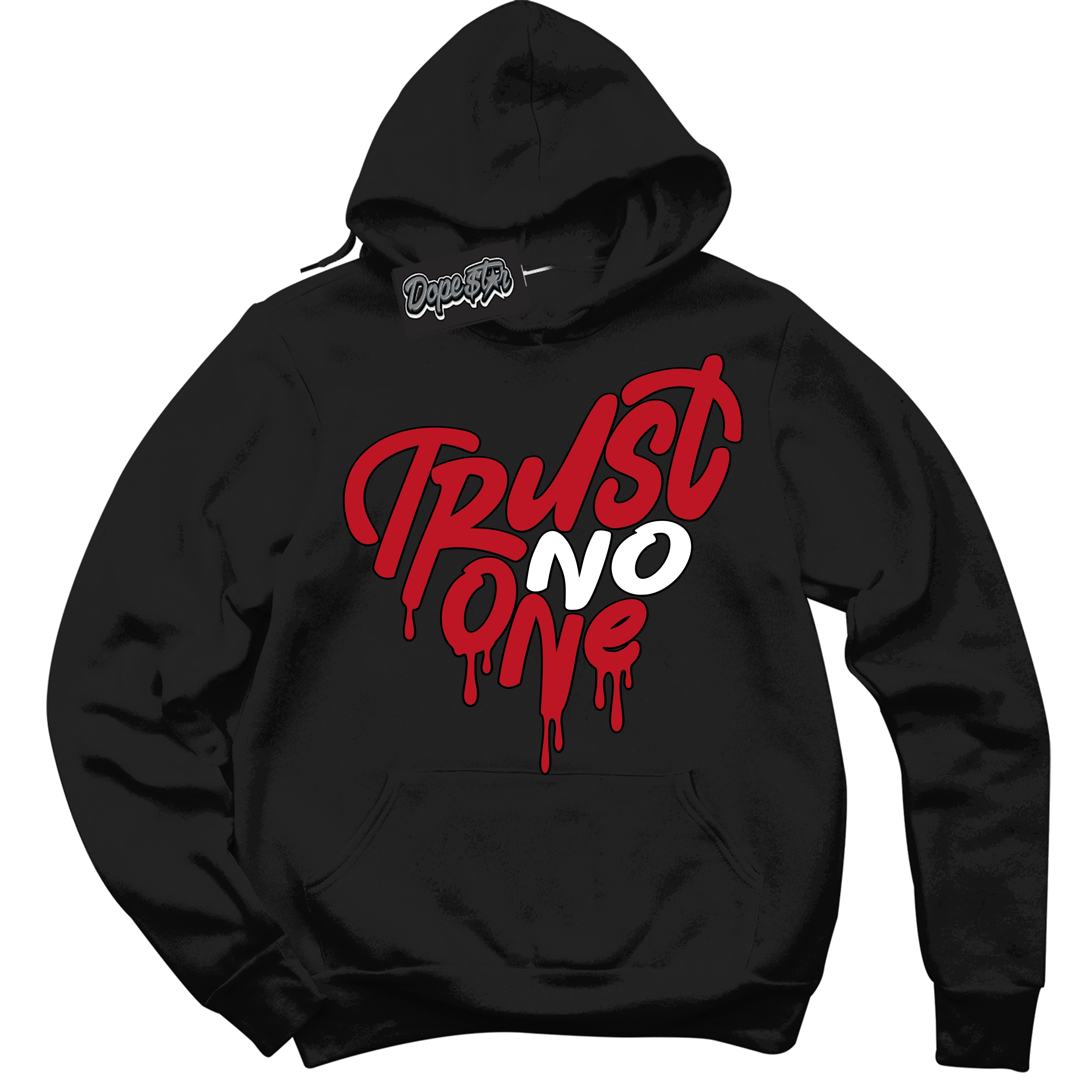 Cool Black Hoodie with “ Trust No One Heart ”  design that Perfectly Matches Trophy Room 1s Jordans.
