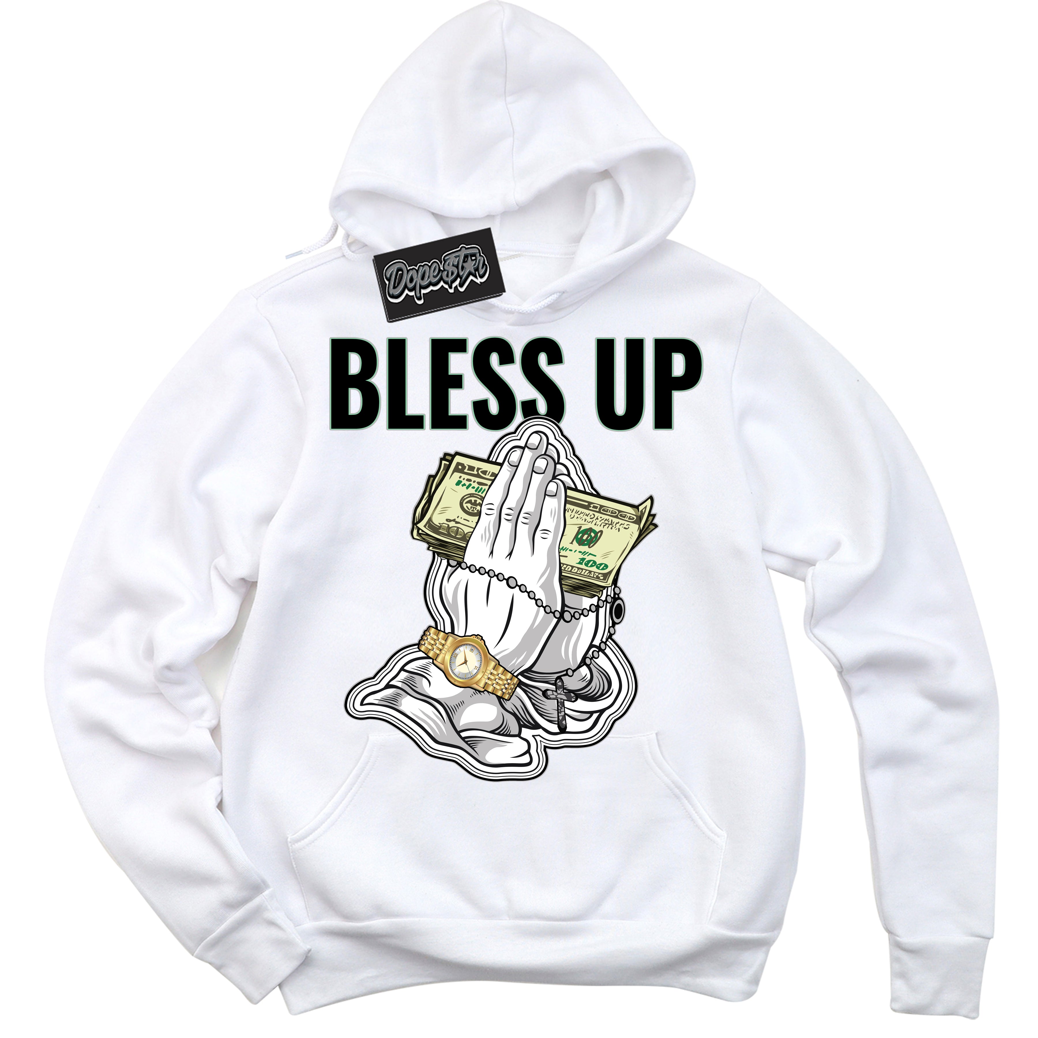 Cool White Graphic DopeStar Hoodie with “ Bless Up “ print, that perfectly matches Fear Pack 3s sneakers