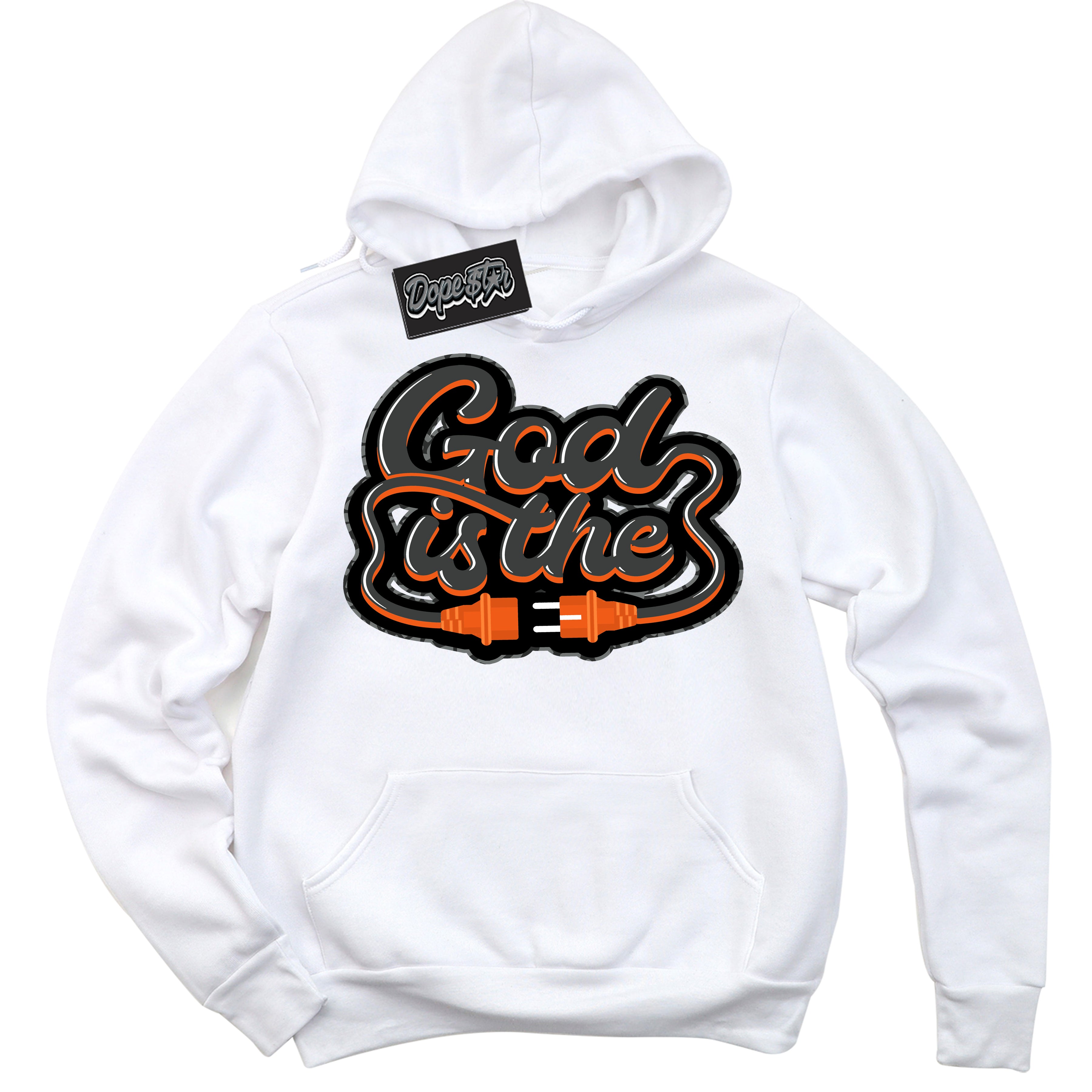 Cool White Graphic DopeStar Hoodie with “  God Is The “ print, that perfectly matches Fear Pack 3s sneakers