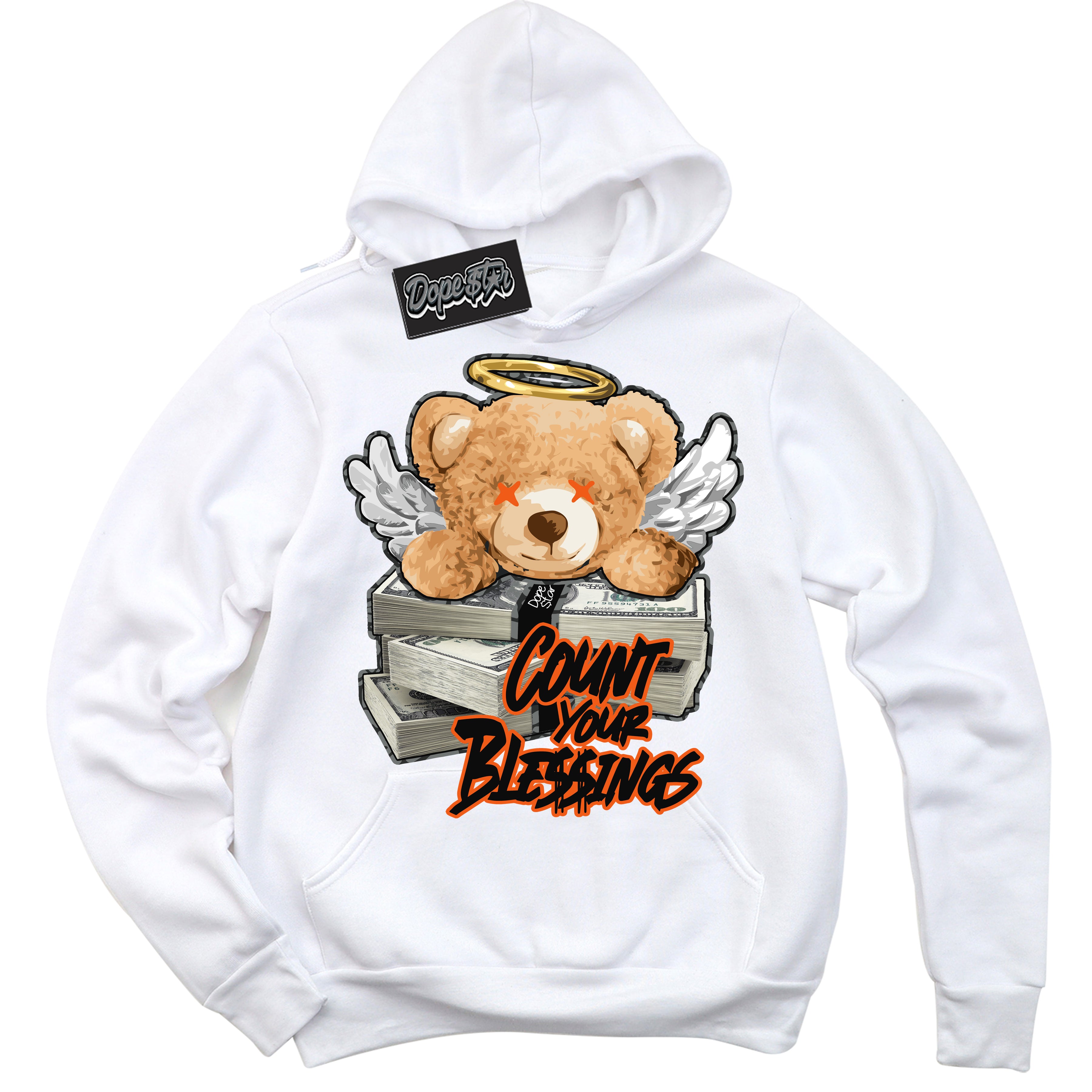 Cool White Graphic DopeStar Hoodie with “  Glow Count Your Blessings “ print, that perfectly matches Fear Pack 3s sneakers