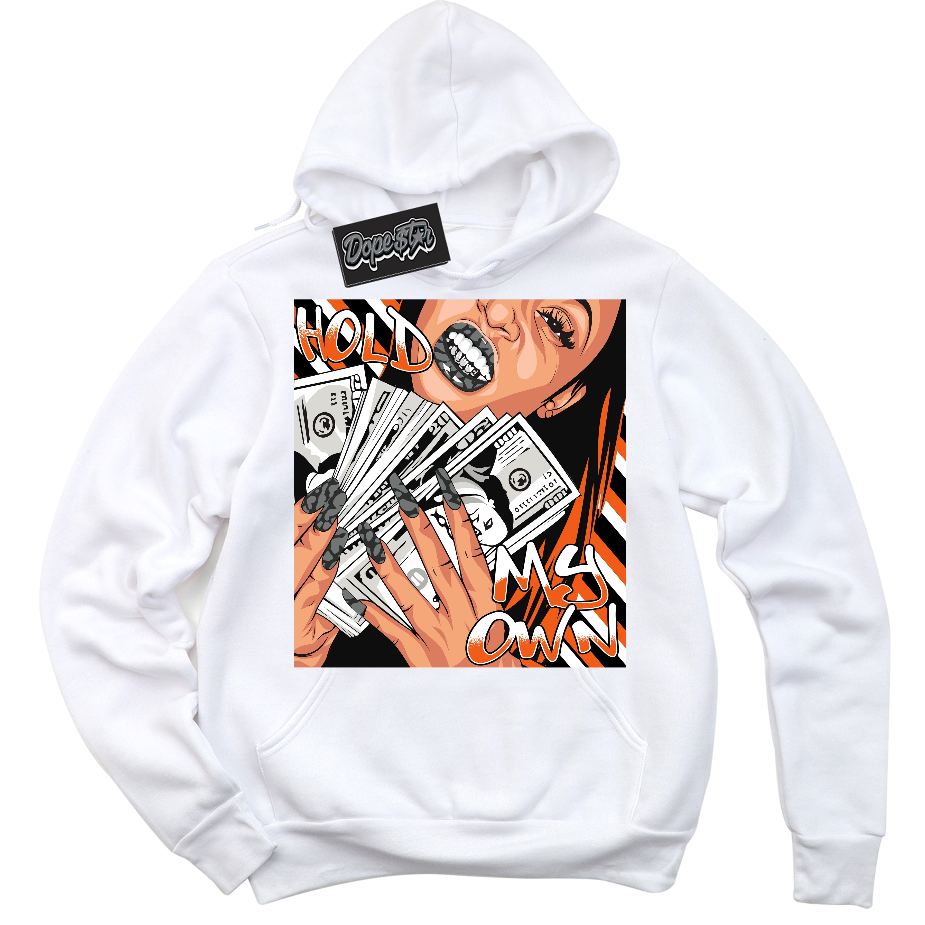 Cool White Graphic DopeStar Hoodie with “  Hold My Own “ print, that perfectly matches Fear Pack 3s sneakers