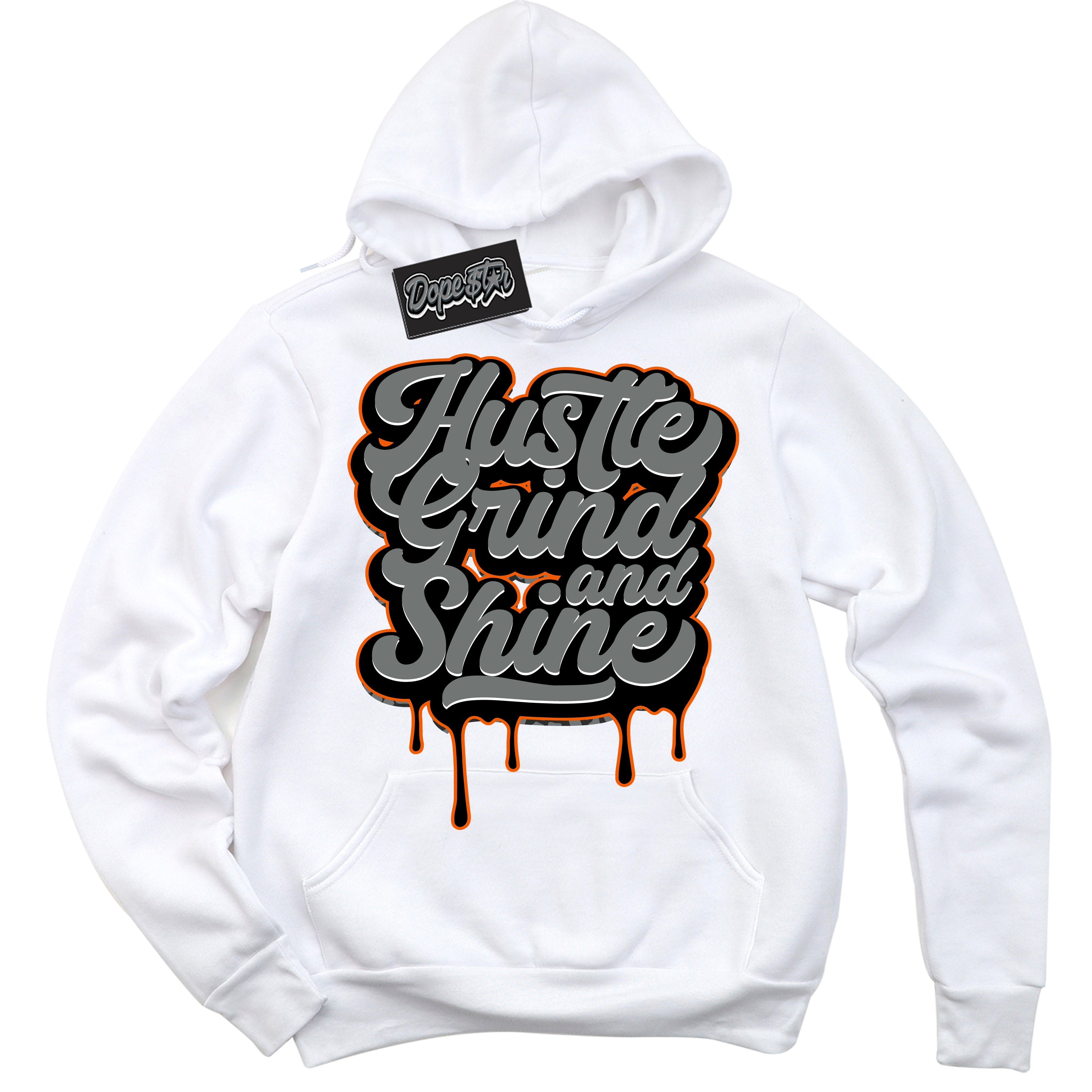 Cool White Graphic DopeStar Hoodie with “  Hustle Grind And Shine “ print, that perfectly matches Fear Pack 3s sneakers