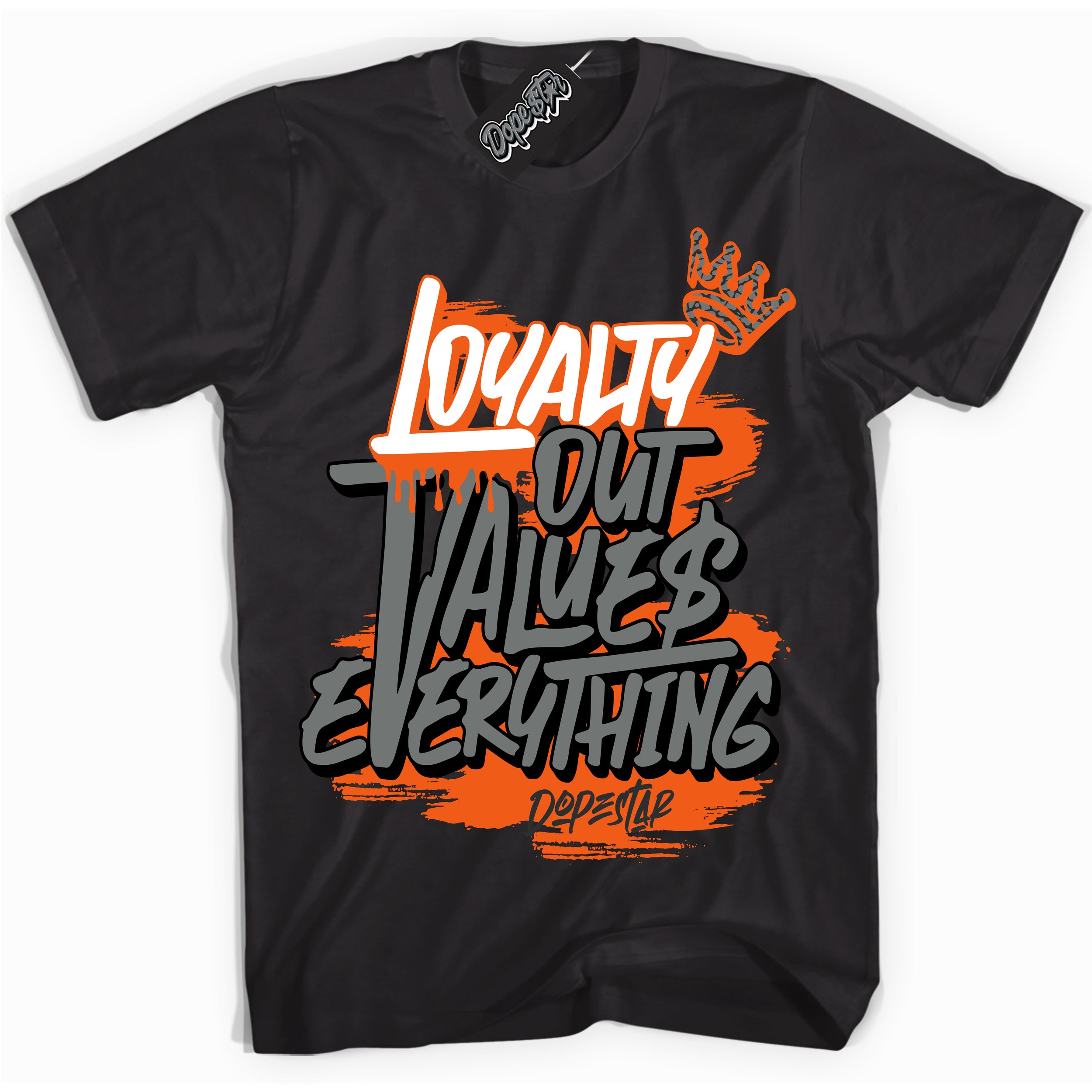 Cool Black graphic tee with “ Loyalty Out Values Everything ” design, that perfectly matches Fear Pack 3s sneakers 