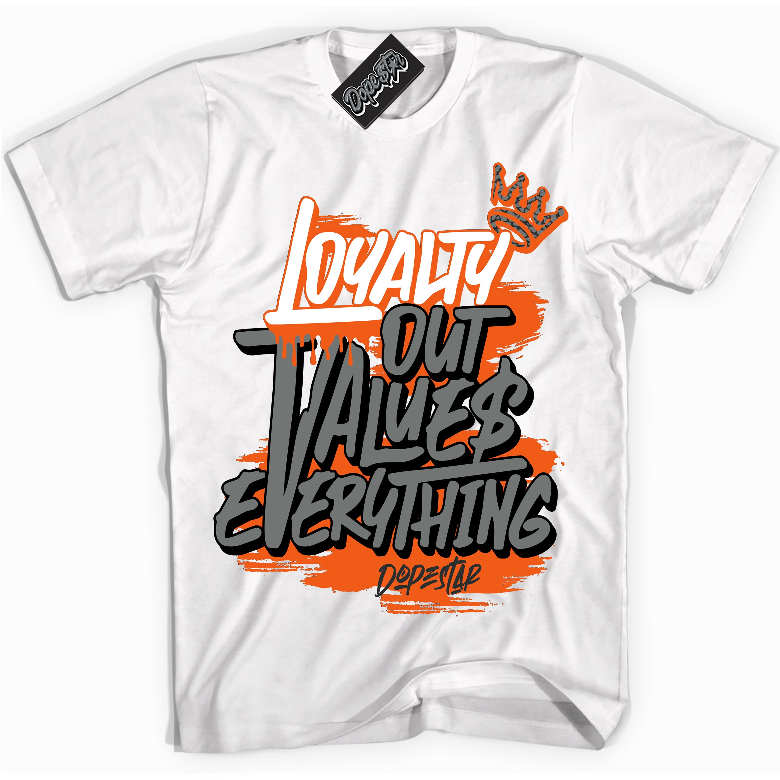 Cool White graphic tee with “ Loyalty Out Values Everything ” design, that perfectly matches Fear Pack 3s sneakers 