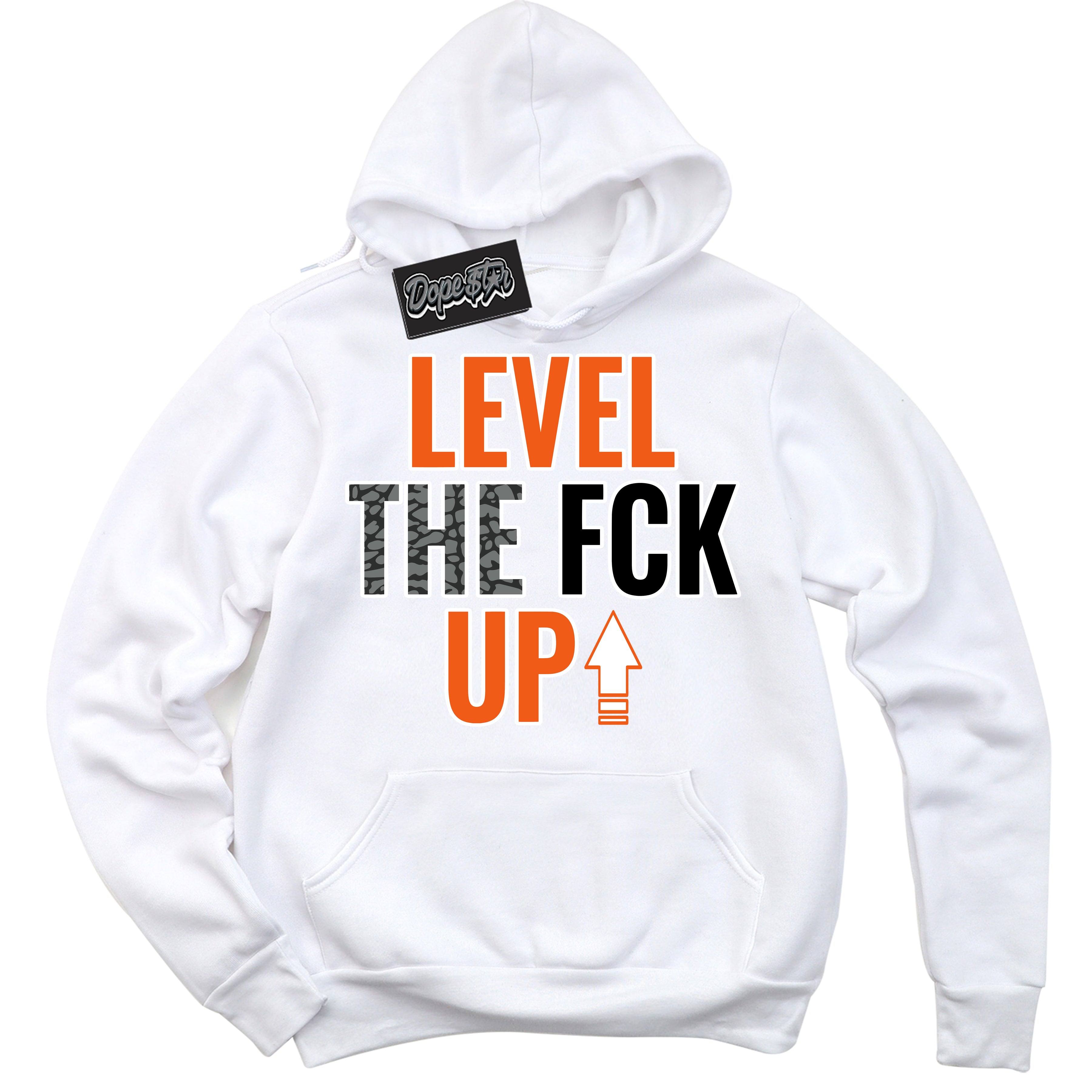Cool White Graphic DopeStar Hoodie with “ Level The Fck Up “ print, that perfectly matches Fear Pack 3s sneakers