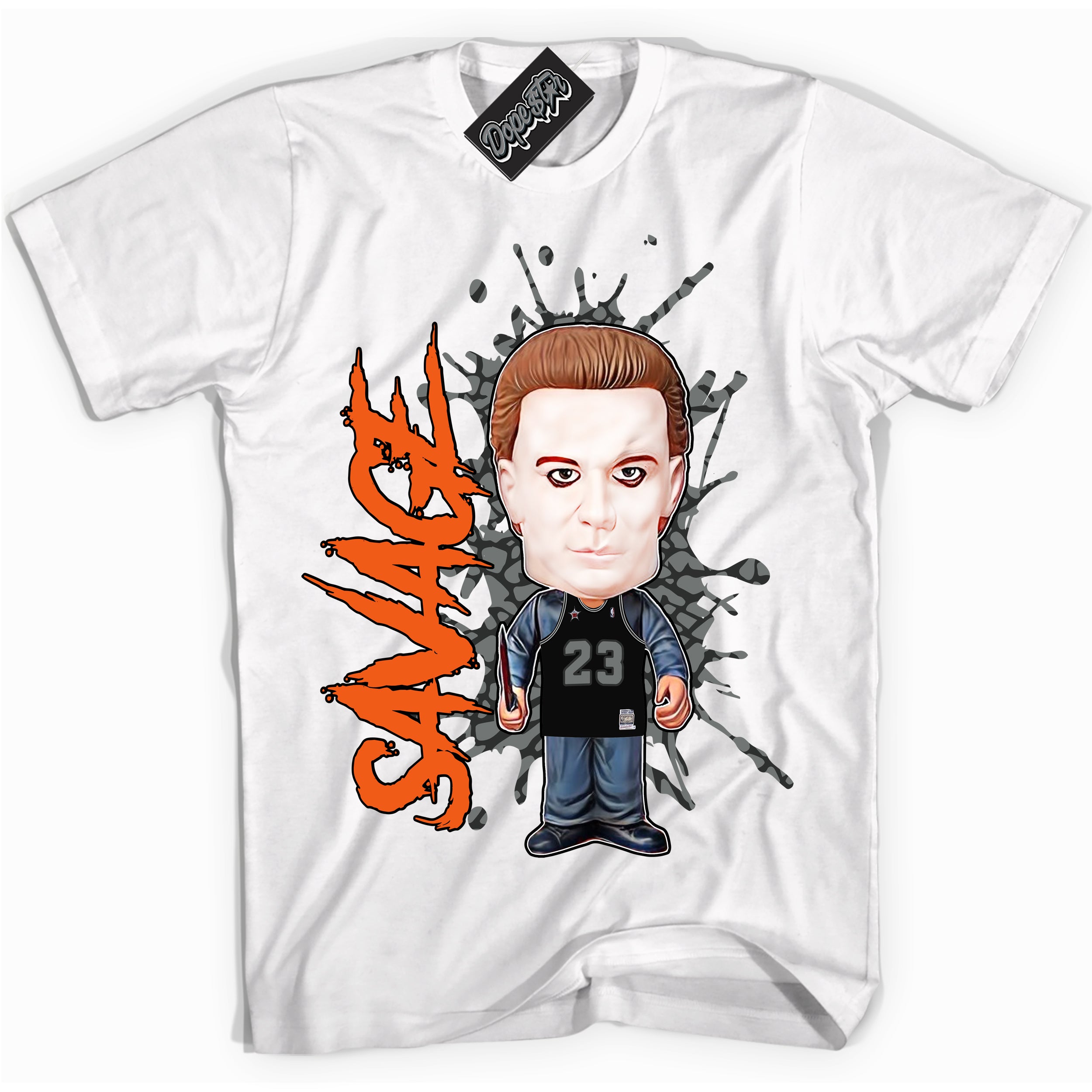 Cool White graphic tee with “ Michael Myers Savage ” design, that perfectly matches Fear Pack 3s sneakers 