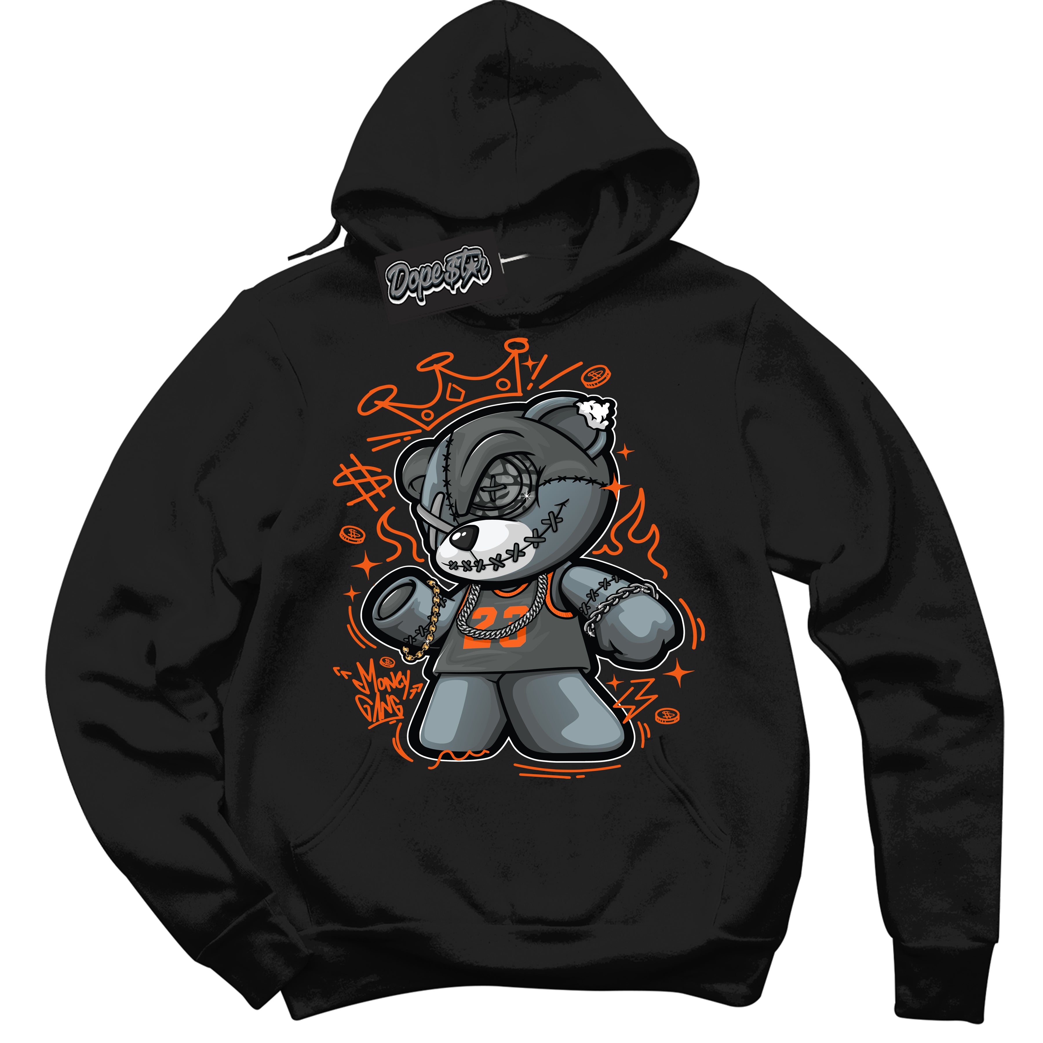 Cool Black Graphic DopeStar Hoodie with “ Money Gang Bear “ print, that perfectly matches Fear Pack 3s sneakers