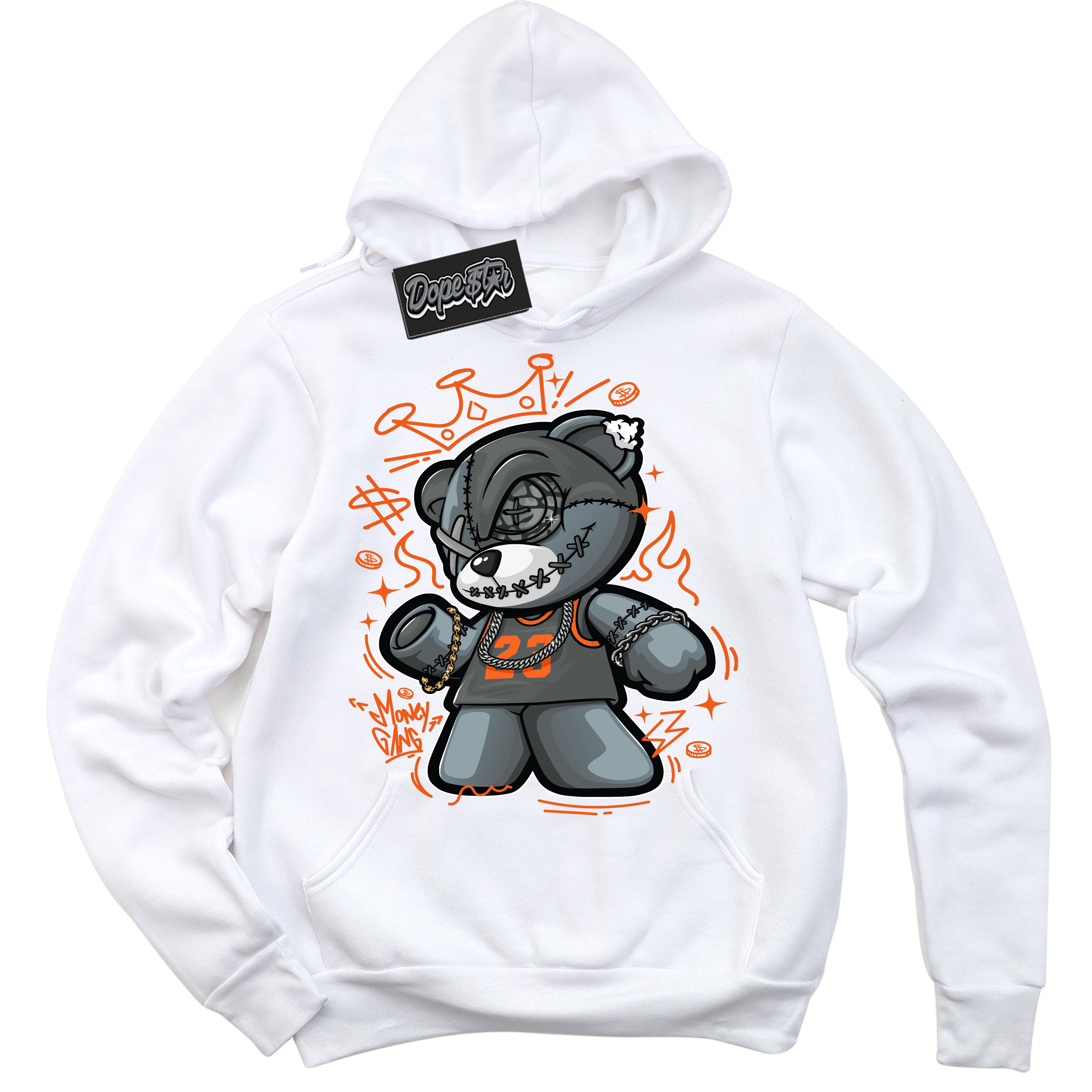 Cool White Graphic DopeStar Hoodie with “ Money Gang Bear “ print, that perfectly matches Fear Pack 3s sneakers