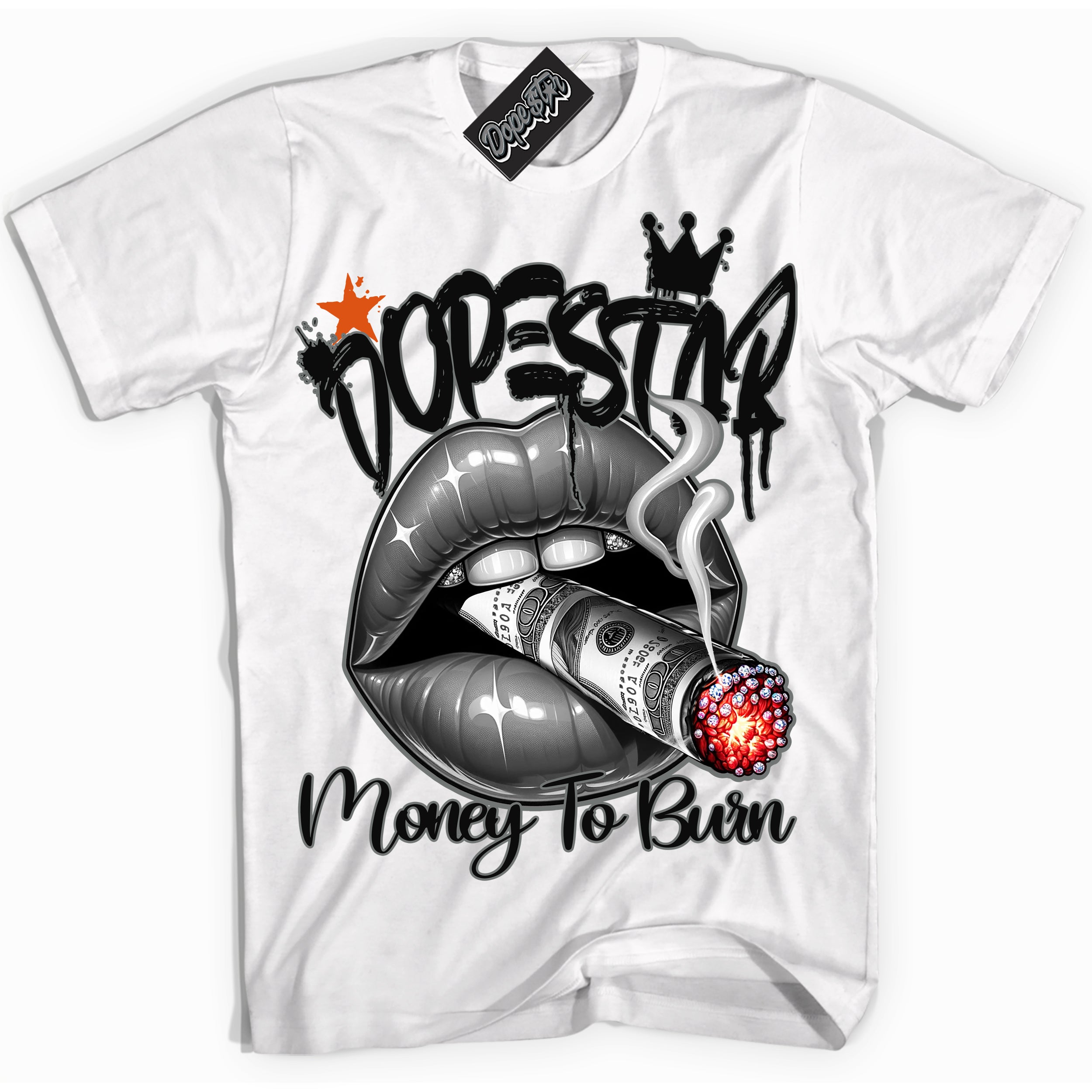 Cool White Shirt with “ Money To Burn” design that perfectly matches Fear Pack 3s Sneakers.