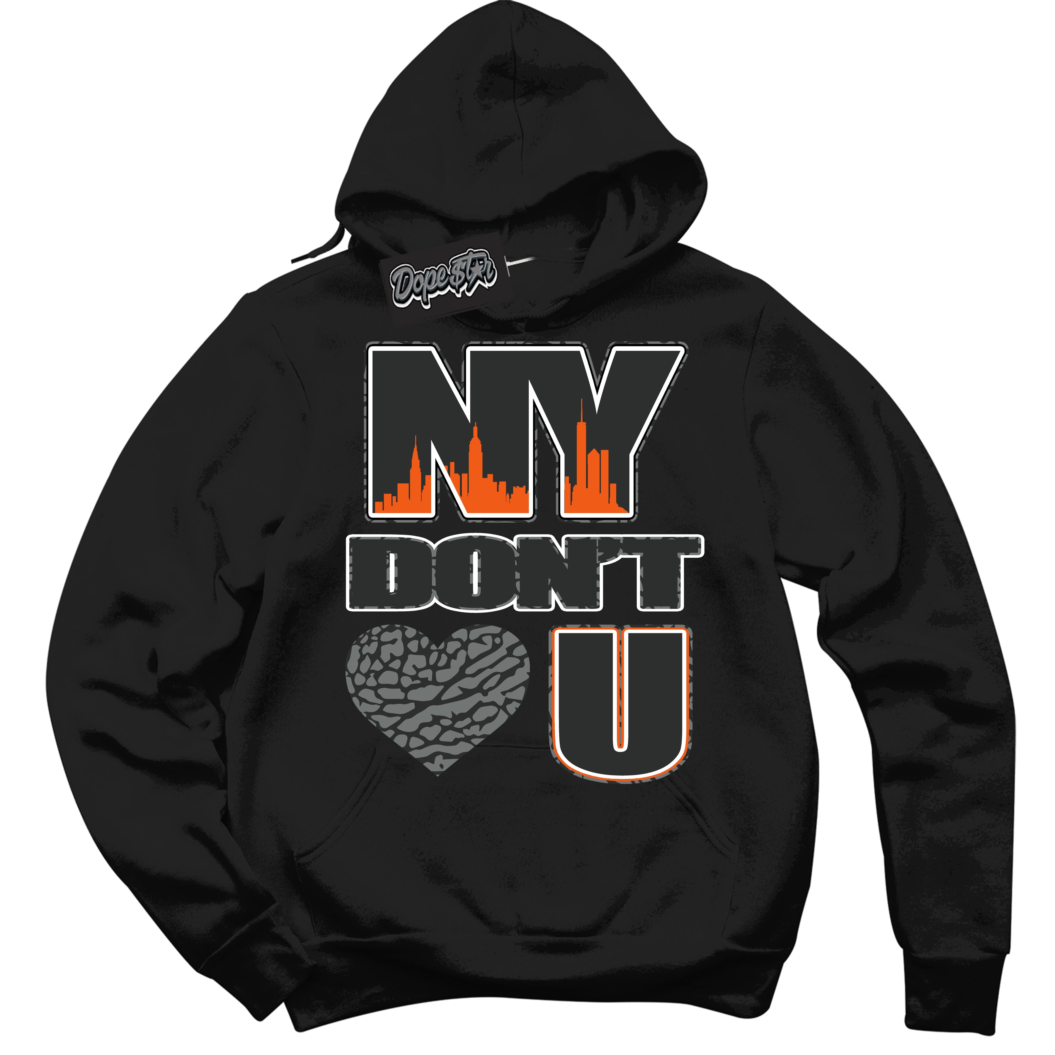 Cool Black Graphic DopeStar Hoodie with “ NY Don't Love You “ print, that perfectly matches Fear Pack 3s sneakers