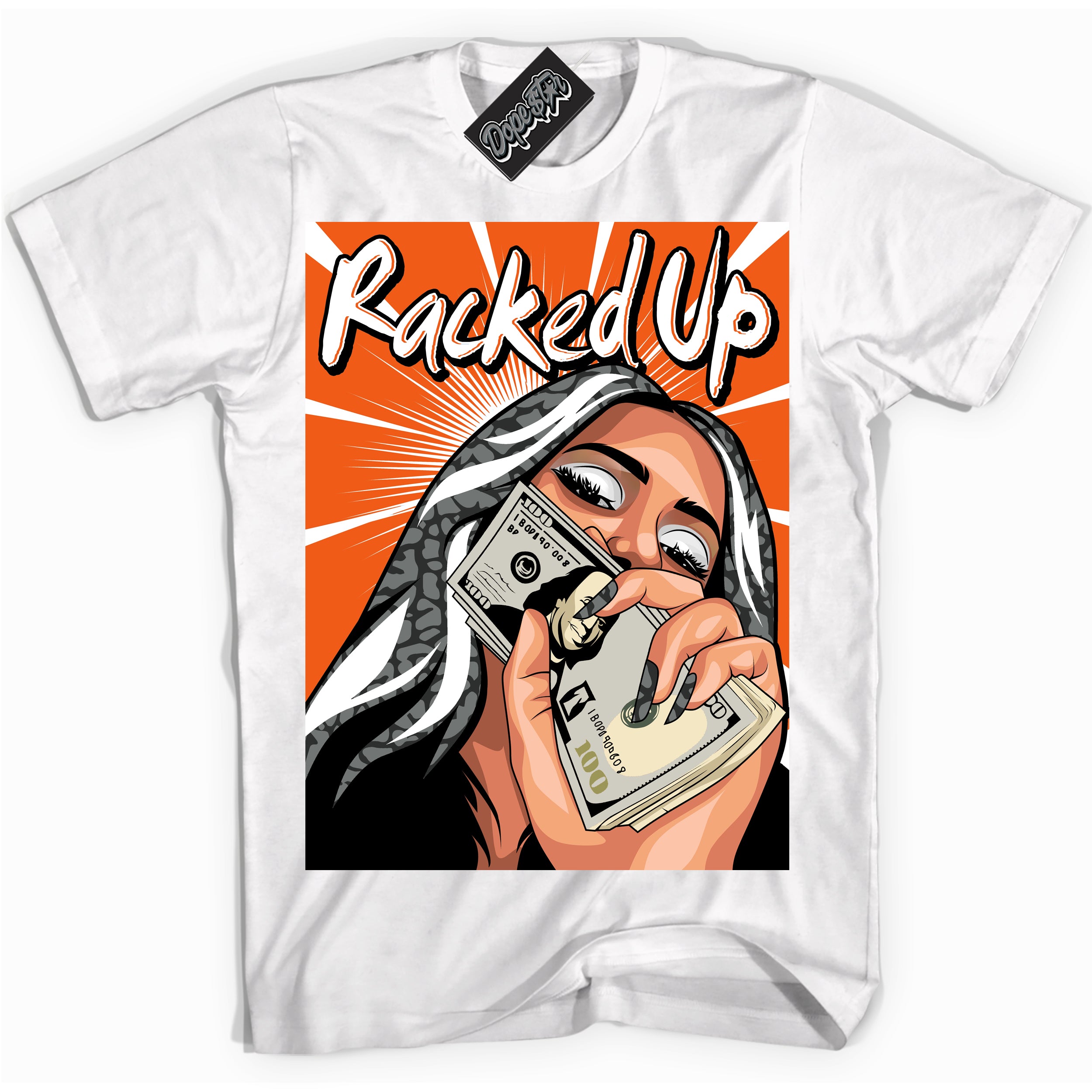 Cool White graphic tee with “ Racked Up ” design, that perfectly matches Fear Pack 3s sneakers 