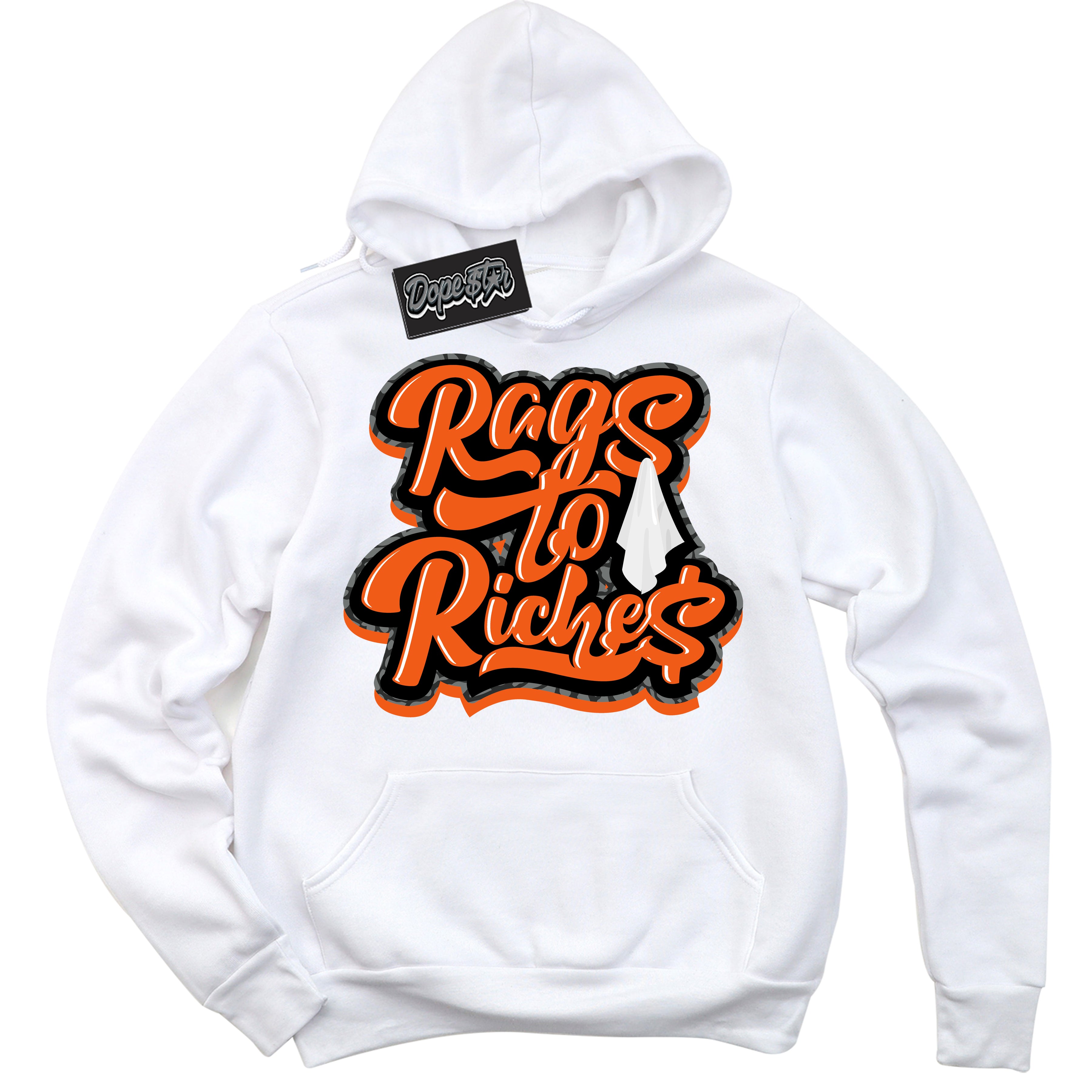 Cool White Graphic DopeStar Hoodie with “ Rags To Riches “ print, that perfectly matches Fear Pack 3s sneakers